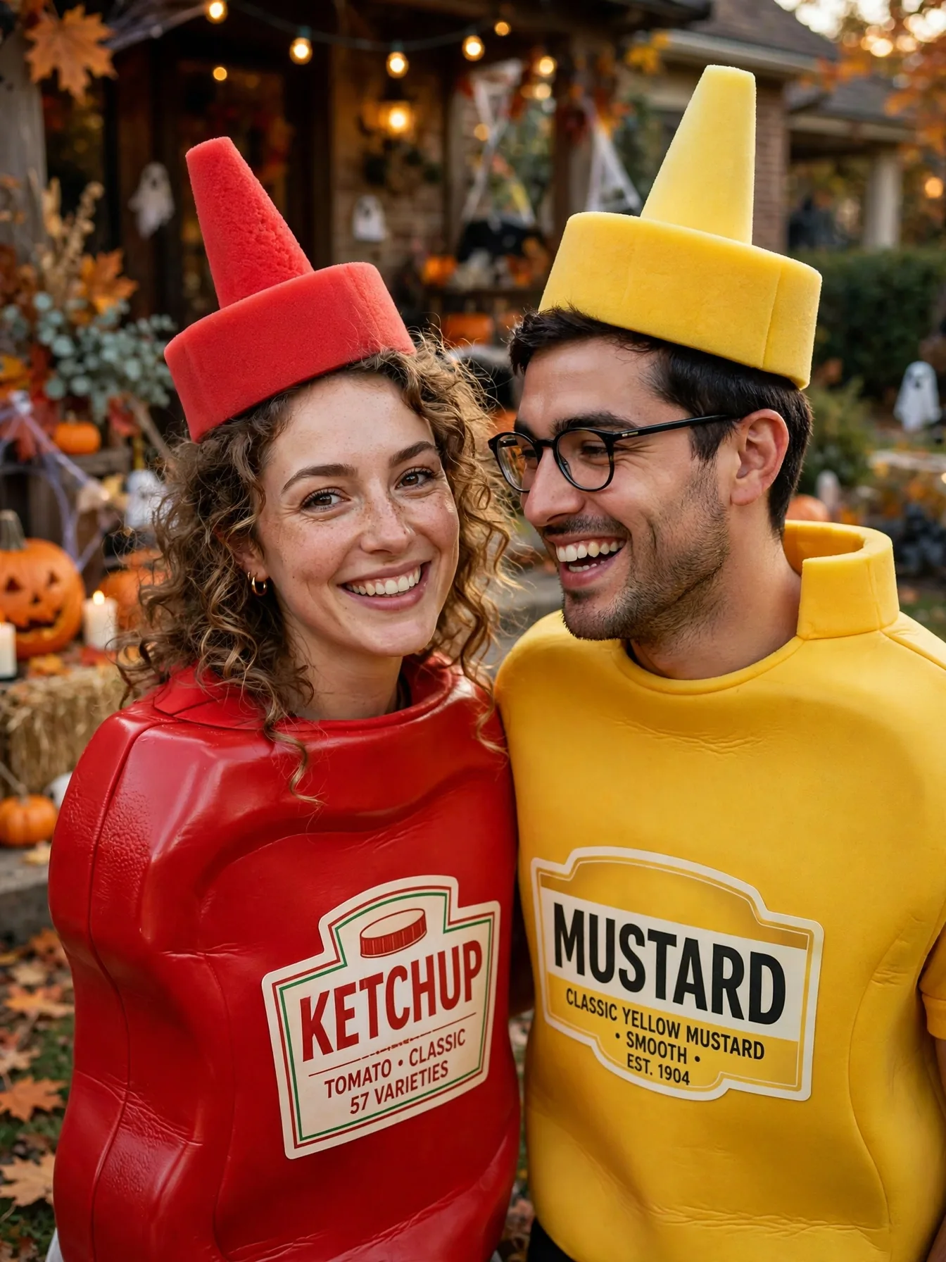 A fun couple wearing red ketchup and yellow mustard bottle costumes.