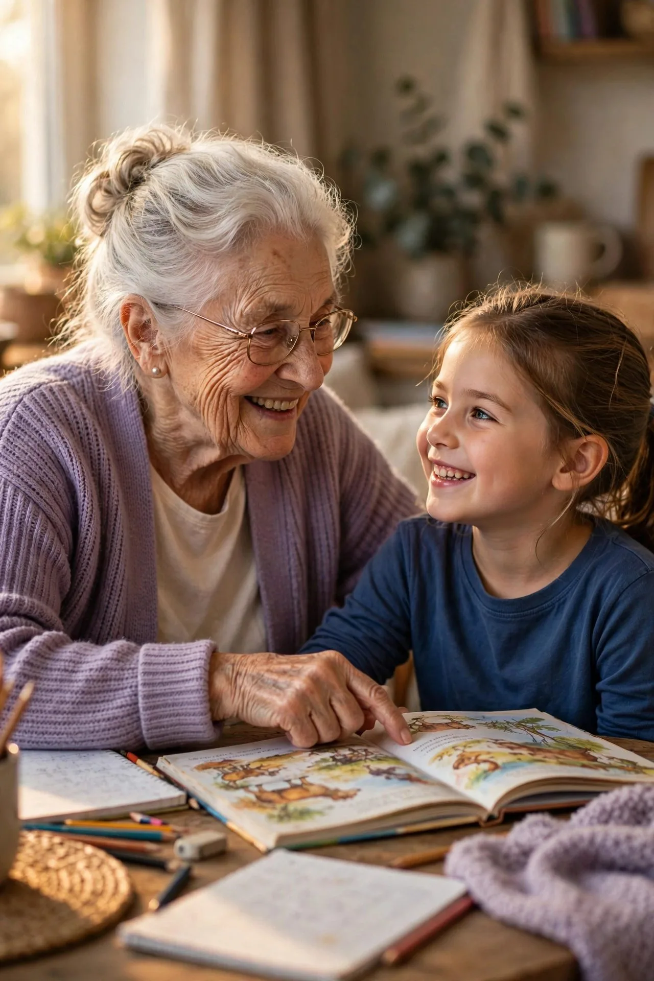 Older woman patiently teaching a young girl to knit.