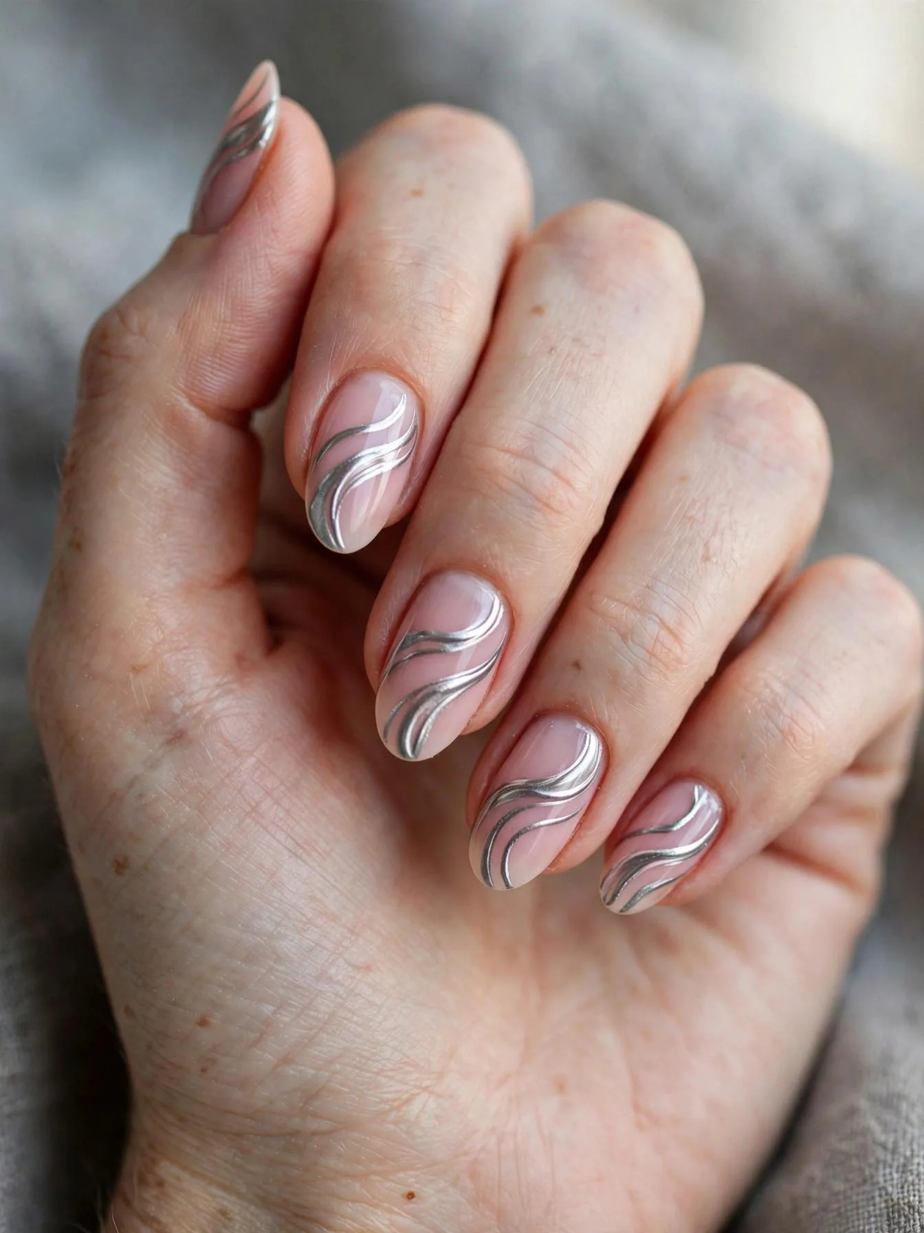 Soft pink almond nails decorated with sleek silver wave ribbons.