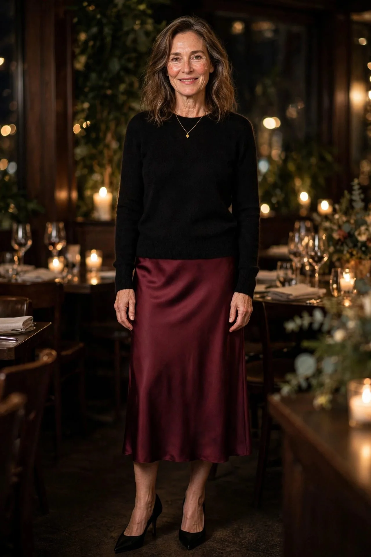 Woman in burgundy satin skirt with black cashmere sweater
