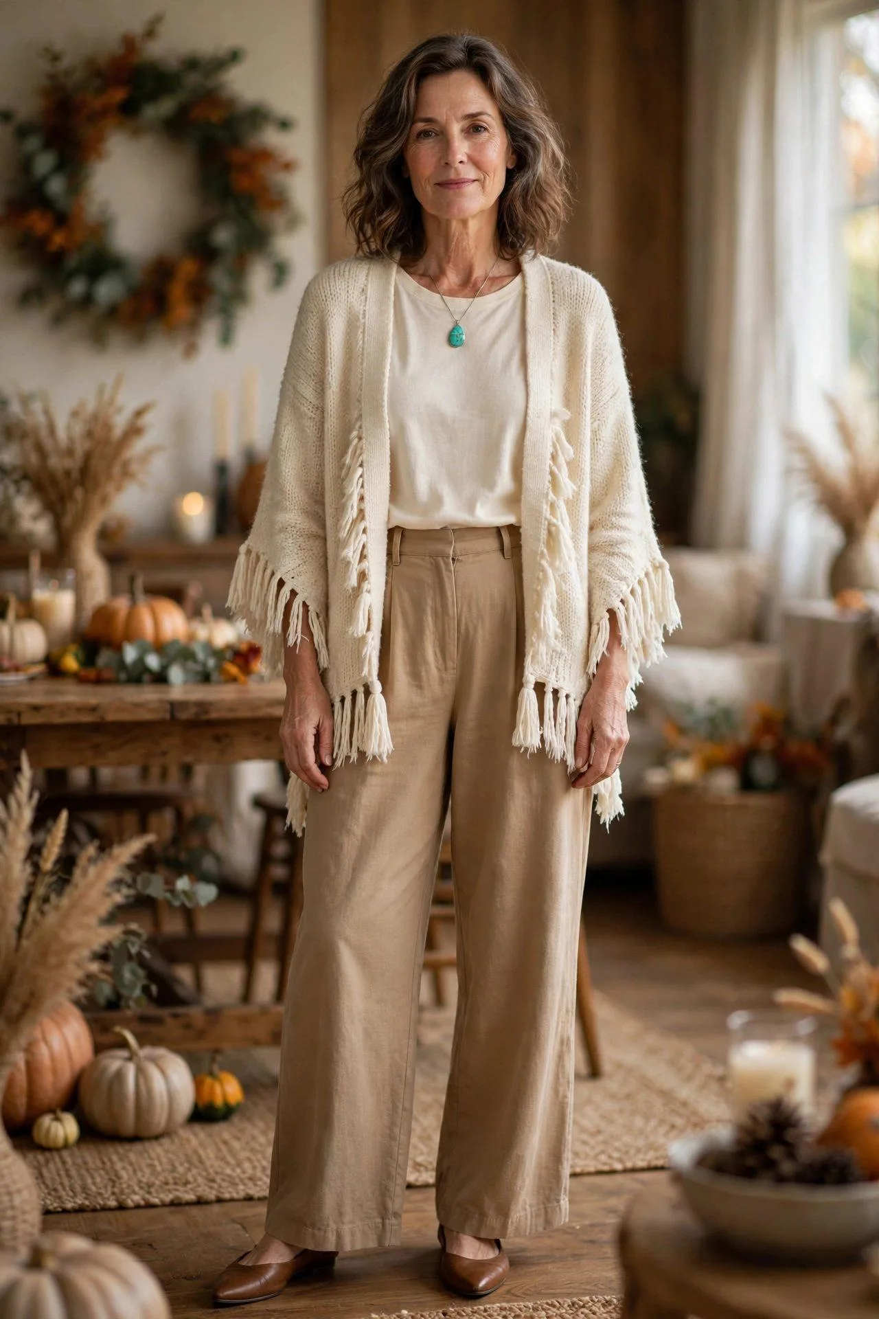 Woman over 50 in fringe cardigan and tan wide-leg pants.
