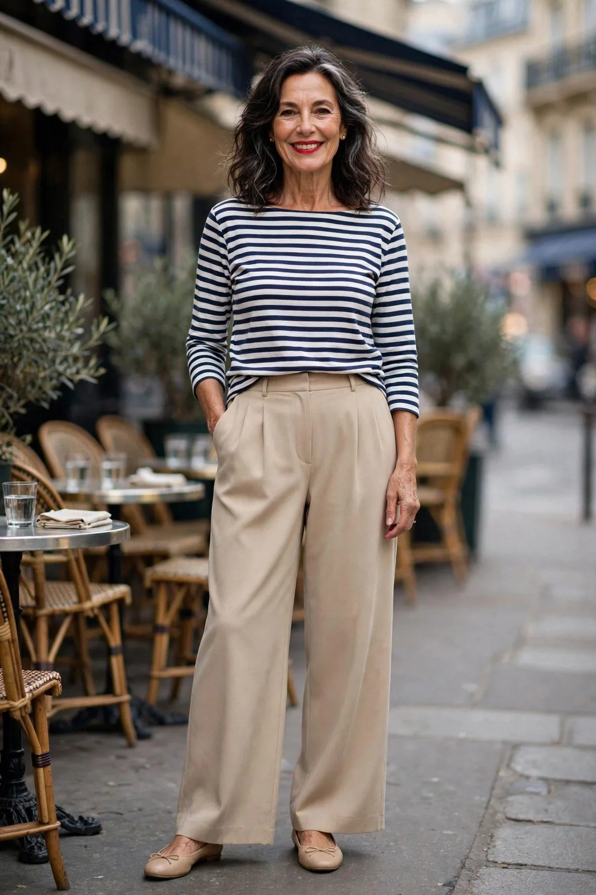 Striped Breton Top & Beige Wide-Leg Trousers