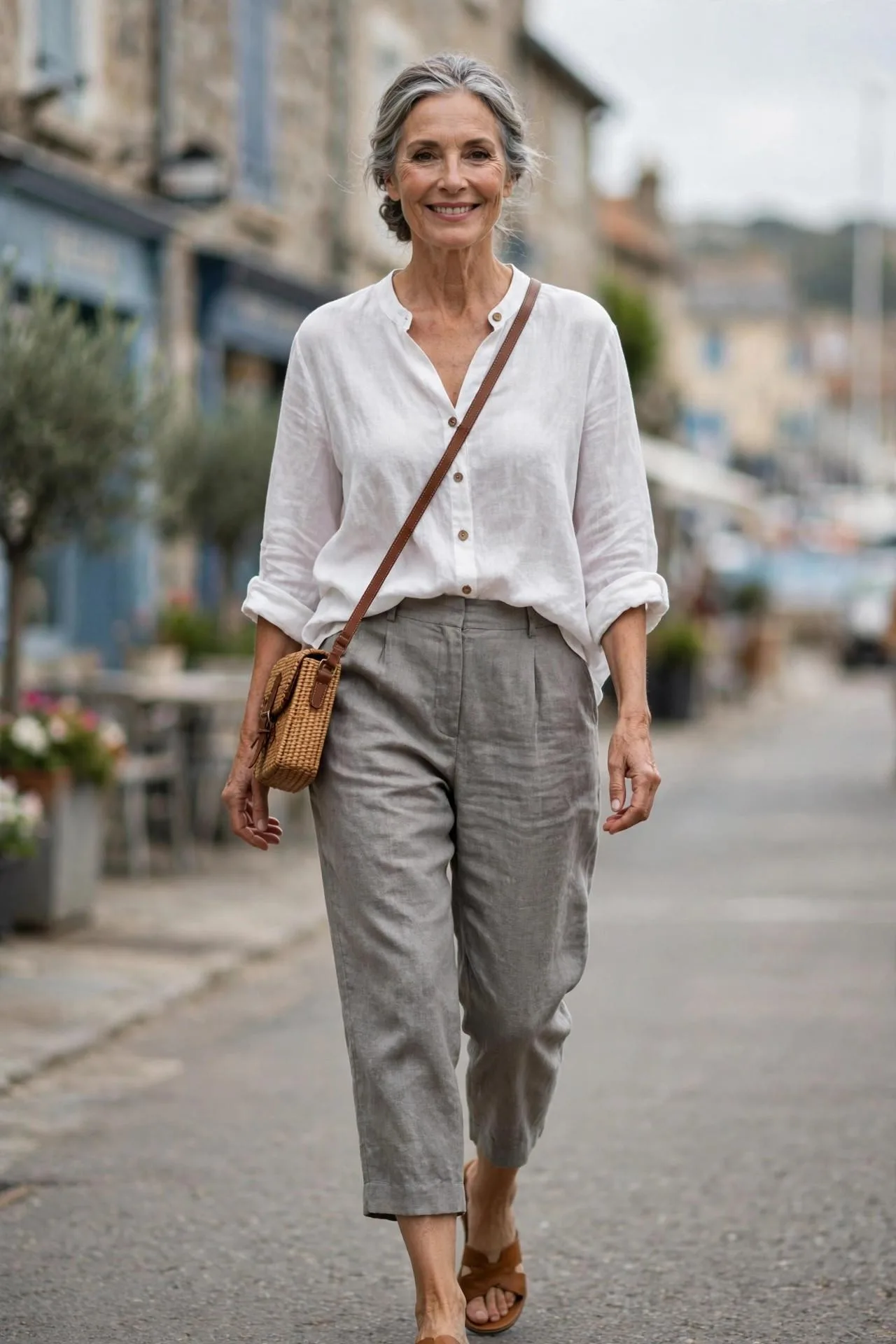 Active senior in high-rise cropped grey linen pants with airy white blouse