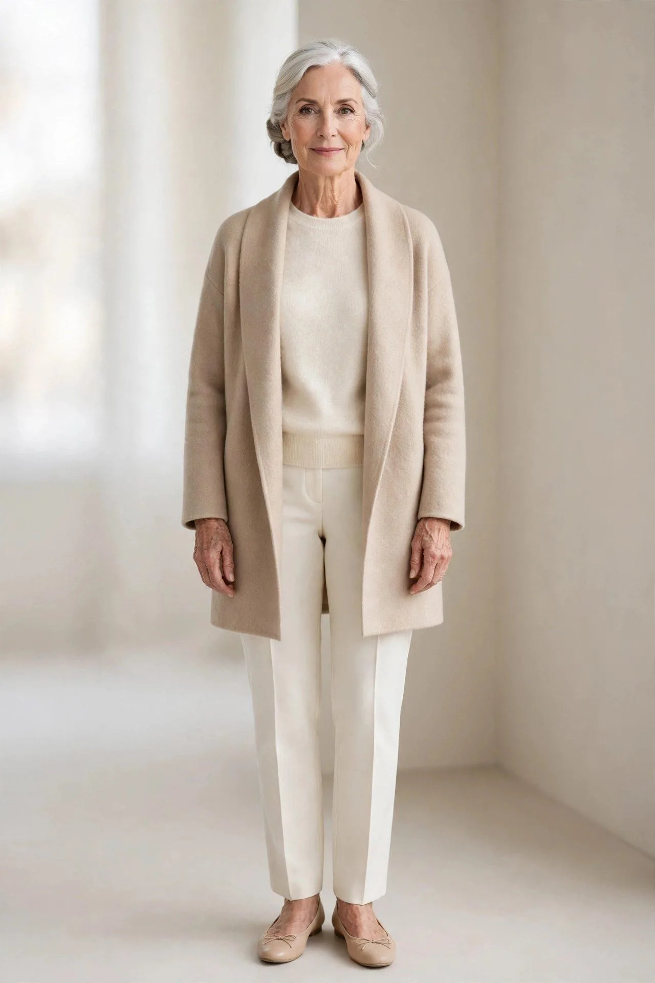 Graceful woman over 50 in layered cream tones with a beige wrap coat and bow flats.