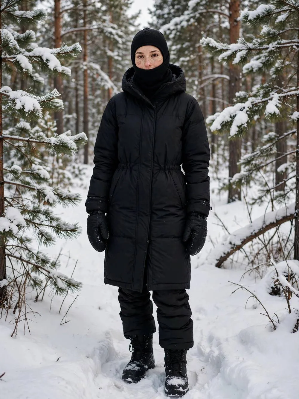 Woman in long down parka and snow pants in a silent snowy forest.