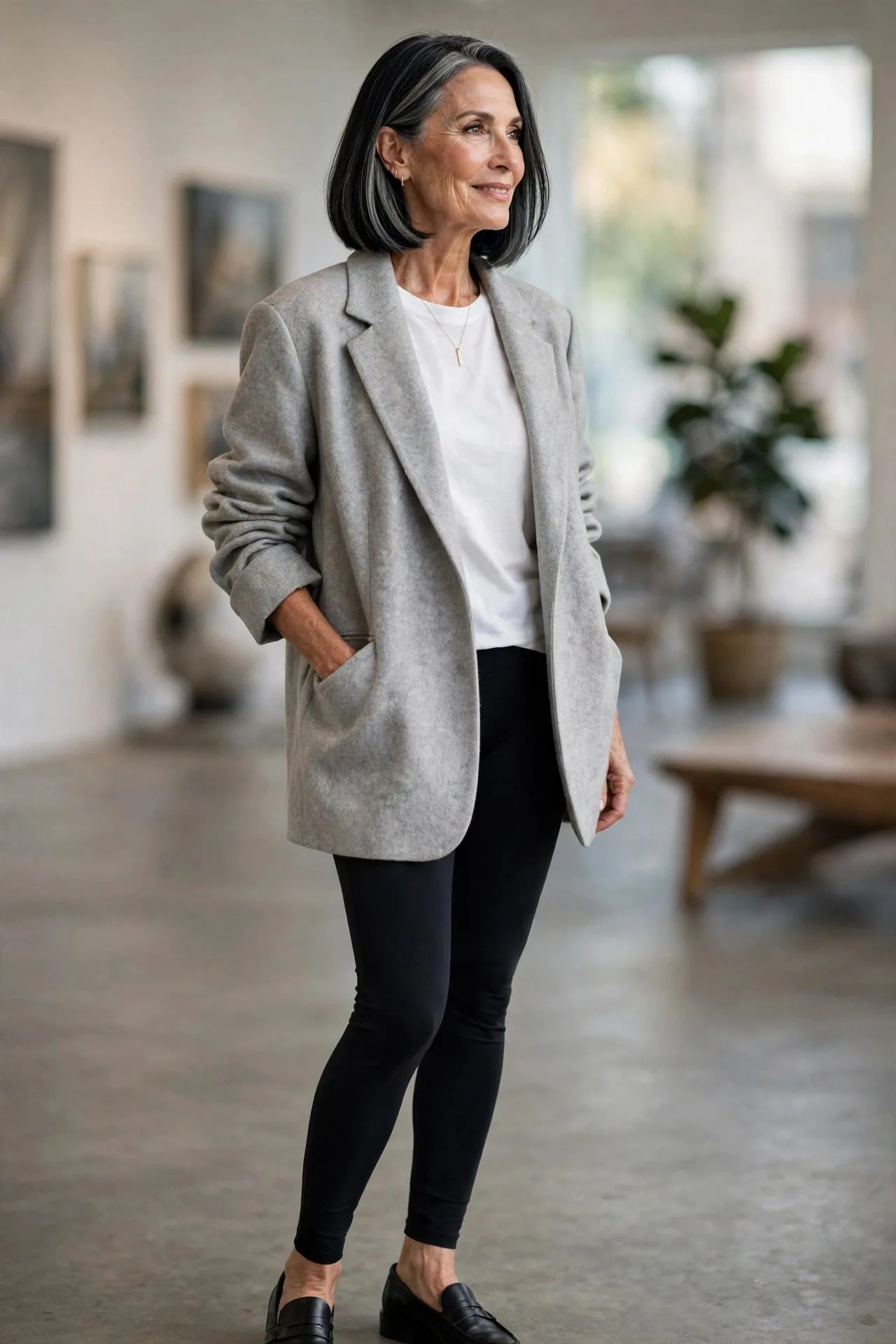 Faux Suede Leggings + Beige Tunic Blouse
