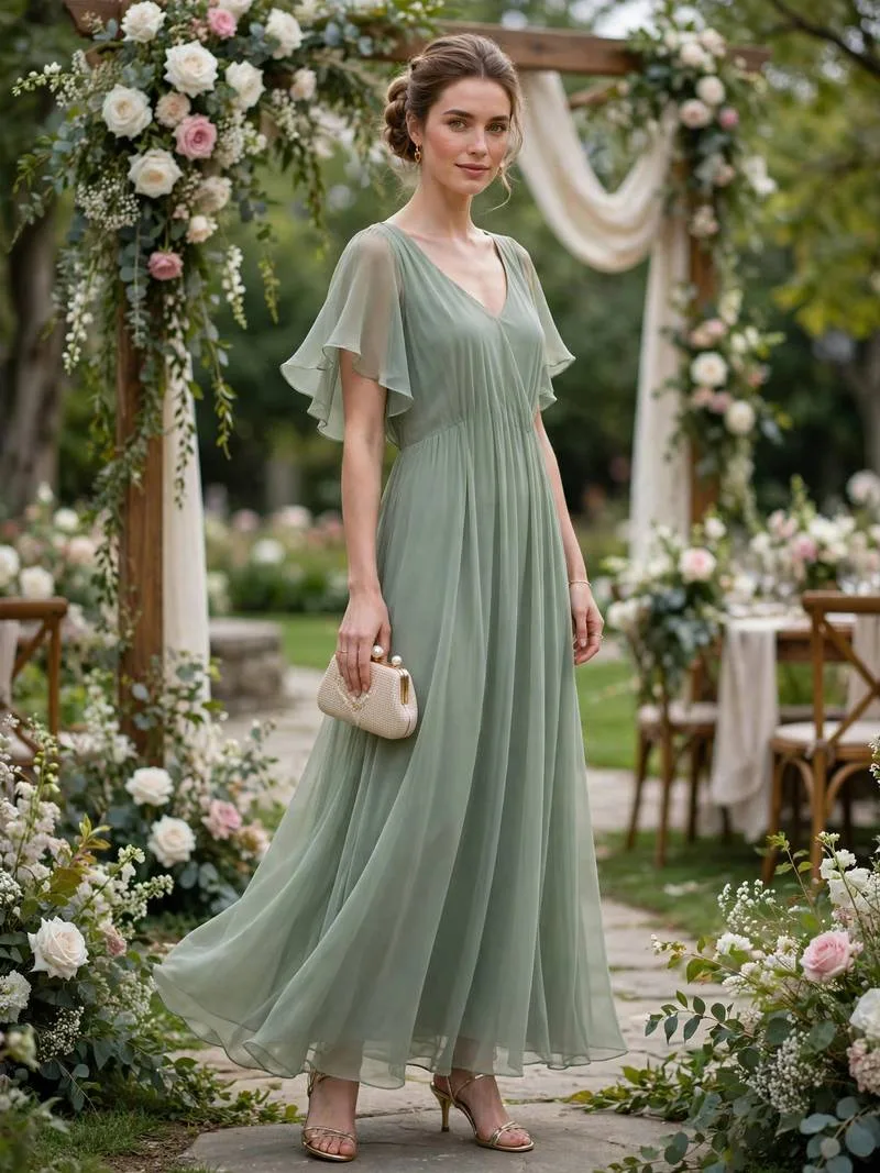 Flowing sage chiffon maxi dress with heels at a wedding.