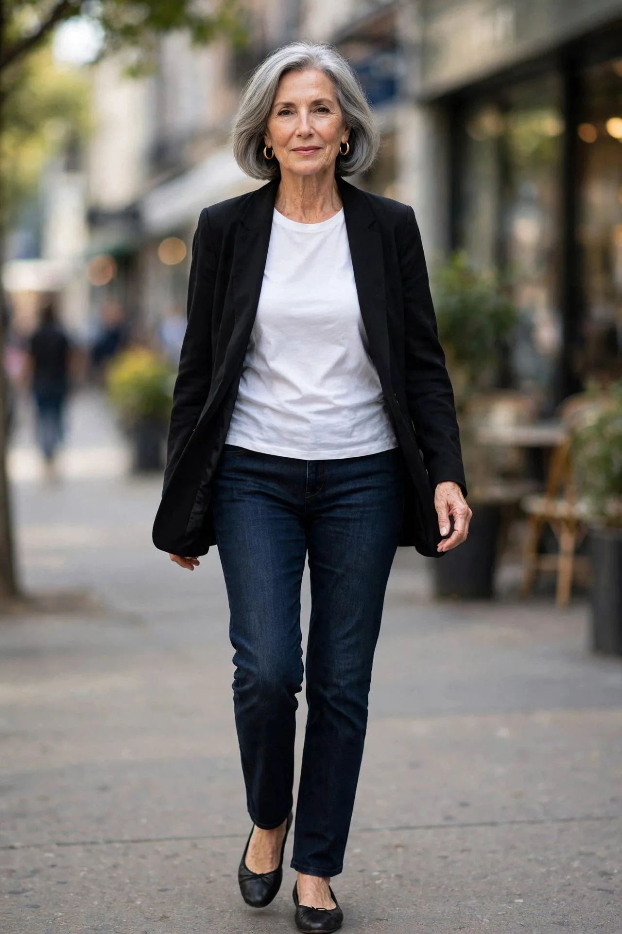 Stylish senior woman in black soft blazer paired with white t-shirt and denim
