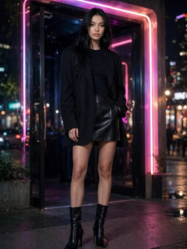 Oversized black blazer with black bodysuit, leather mini skirt and heeled boots.