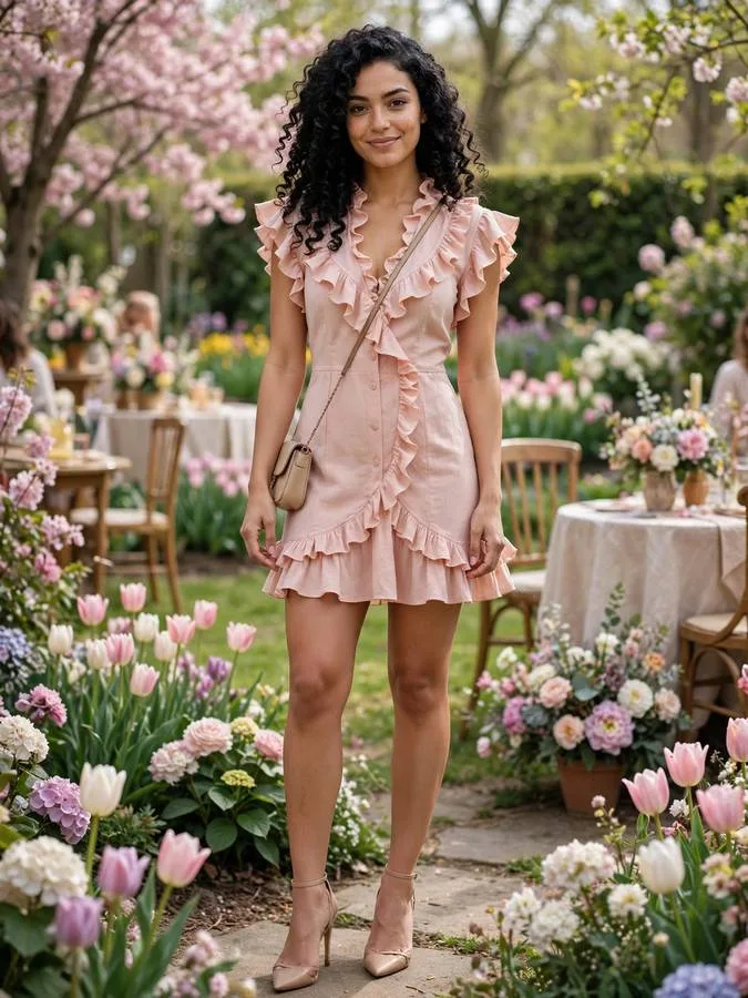 A woman in a blush pink ruffle mini dress with nude heels.
