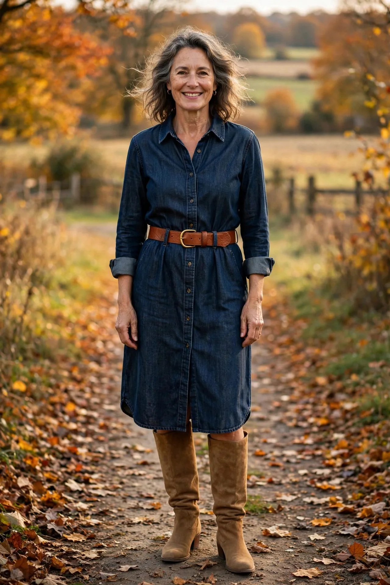 Woman over 50 in belted denim shirtdress with cognac boots.
