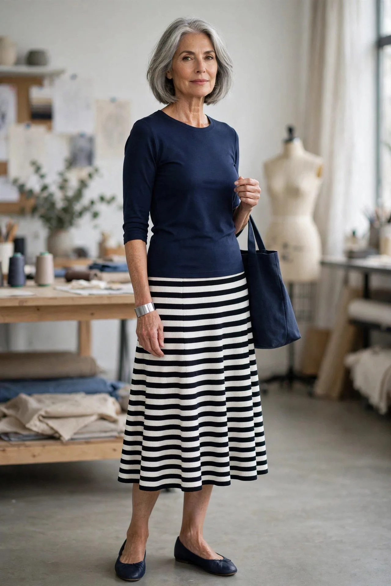 Creative woman in striped midi skirt in design studio.
