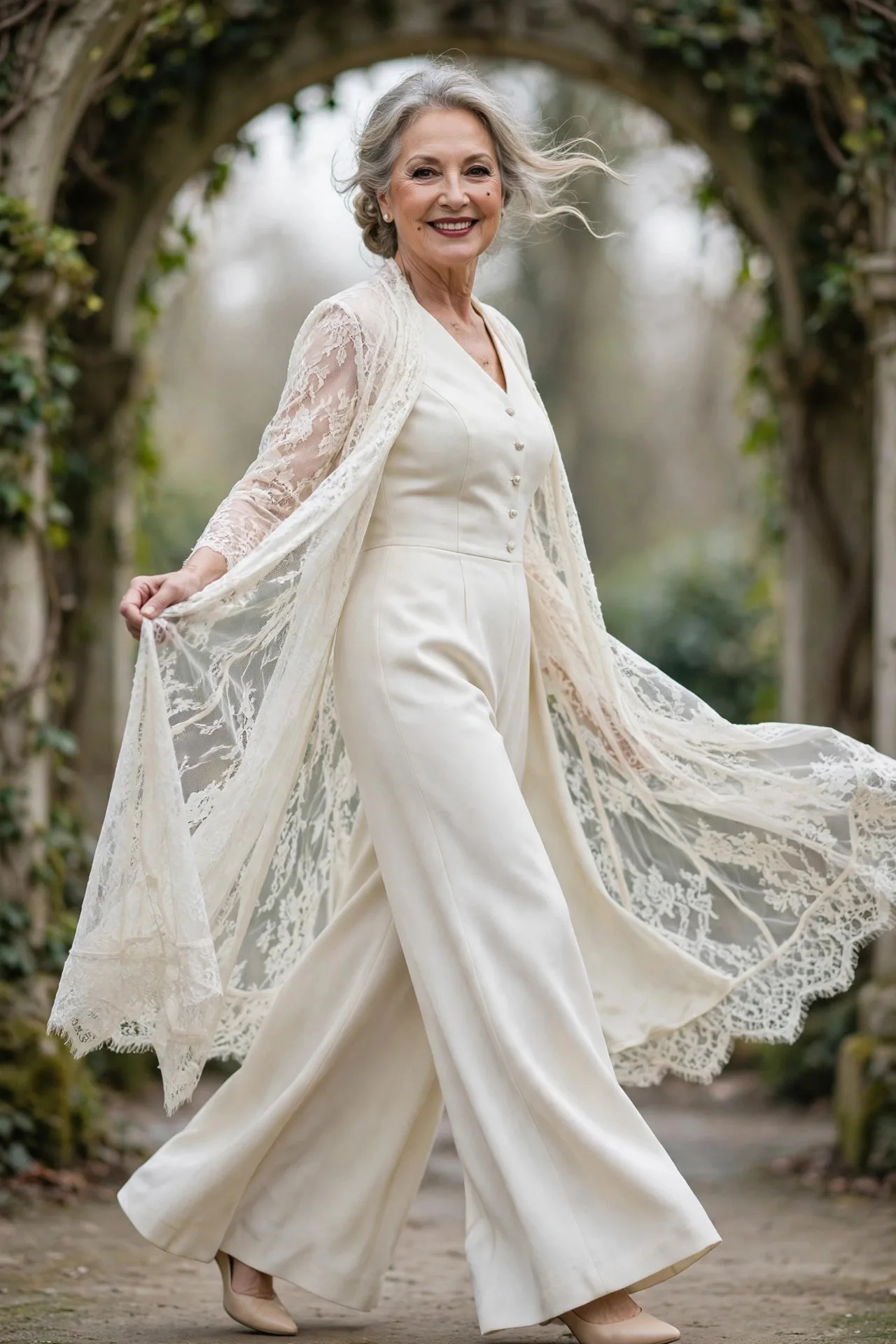 Modern mature woman in ivory wide-leg jumpsuit with lace duster