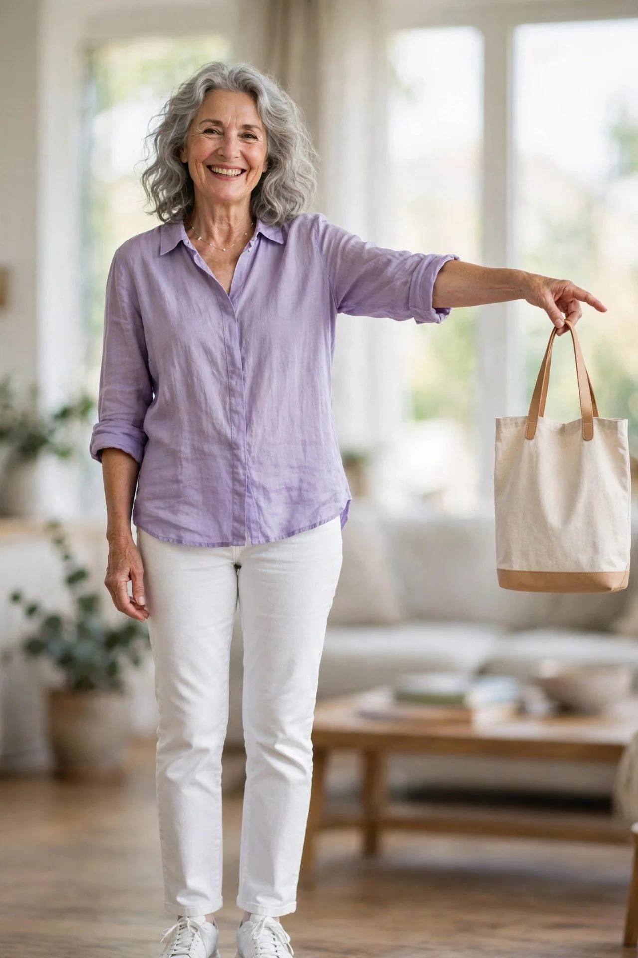 Beaming sixty-year-old woman hoisting a featherweight tote one-handed to prove comfortable carry weight.