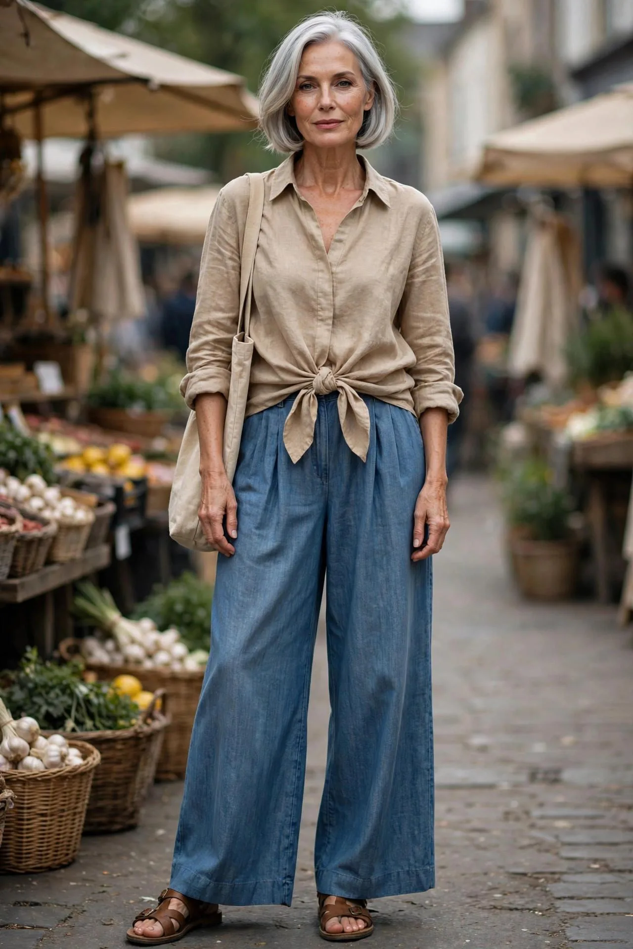 Relaxed older woman sporting tied flax shirt with wide-leg denim-blue pants