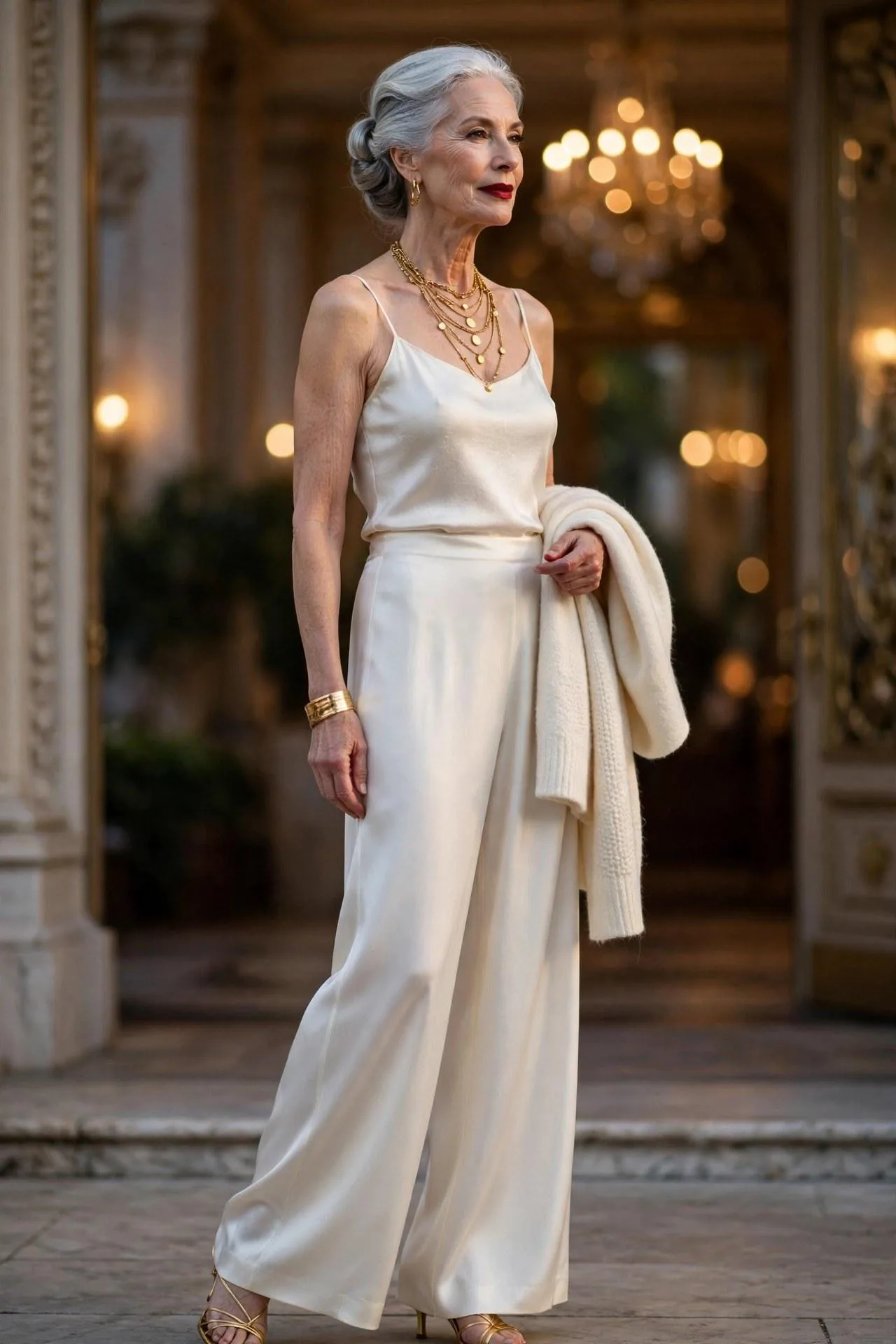 Majestic silver-haired woman in all-ivory silk with stacked gold necklaces and red lips — radiant evening clothes for women with timeless chic style.