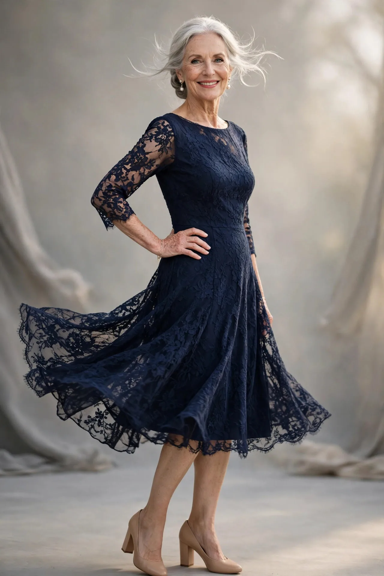 Elegant mature woman in navy lace sheath dress with three-quarter sleeves at wedding