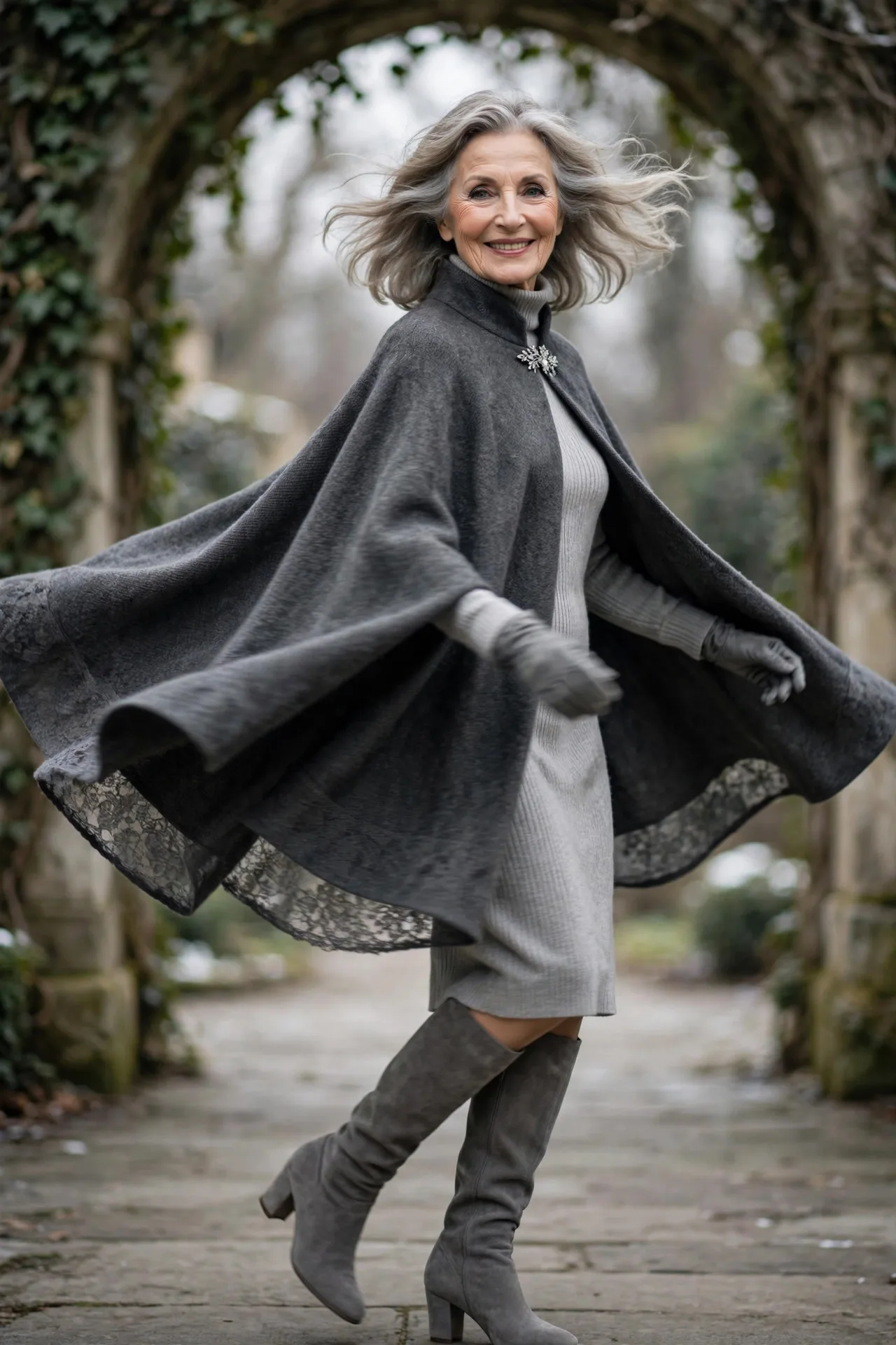 Cape of Quiet Strength — A charcoal wool cape with a stand collar, worn over a pearl-grey turtleneck sweater dress.
