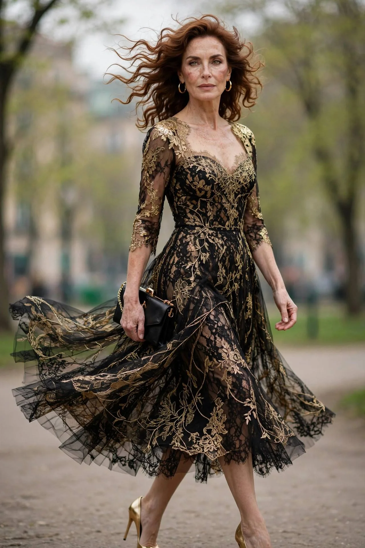 Stylish older woman in black and gold lace overlay midi dress