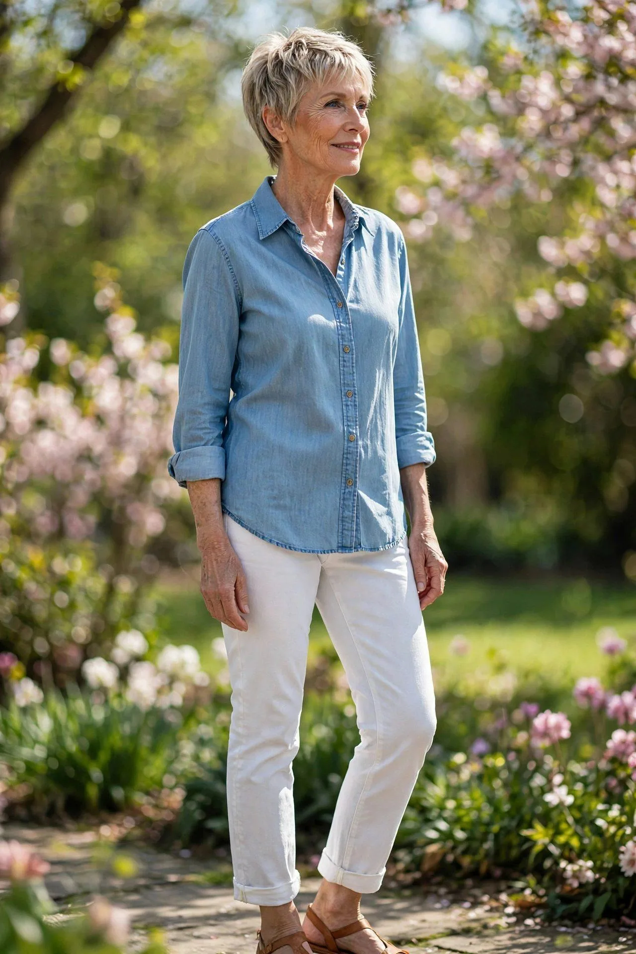Woman over 60 in light chambray button-down with crisp white denim