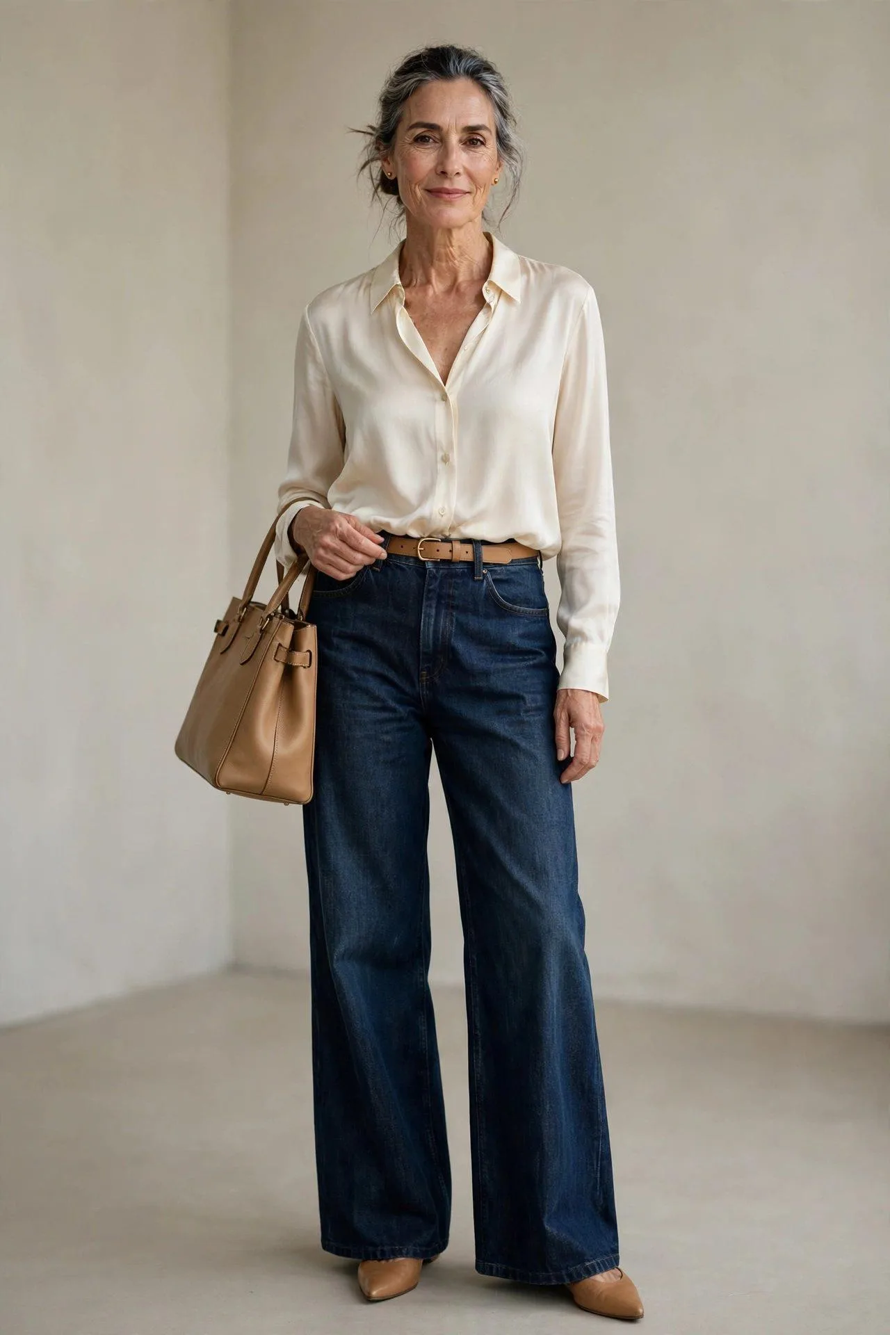 The High-Rise Dark Wash + Cream Silk Blouse