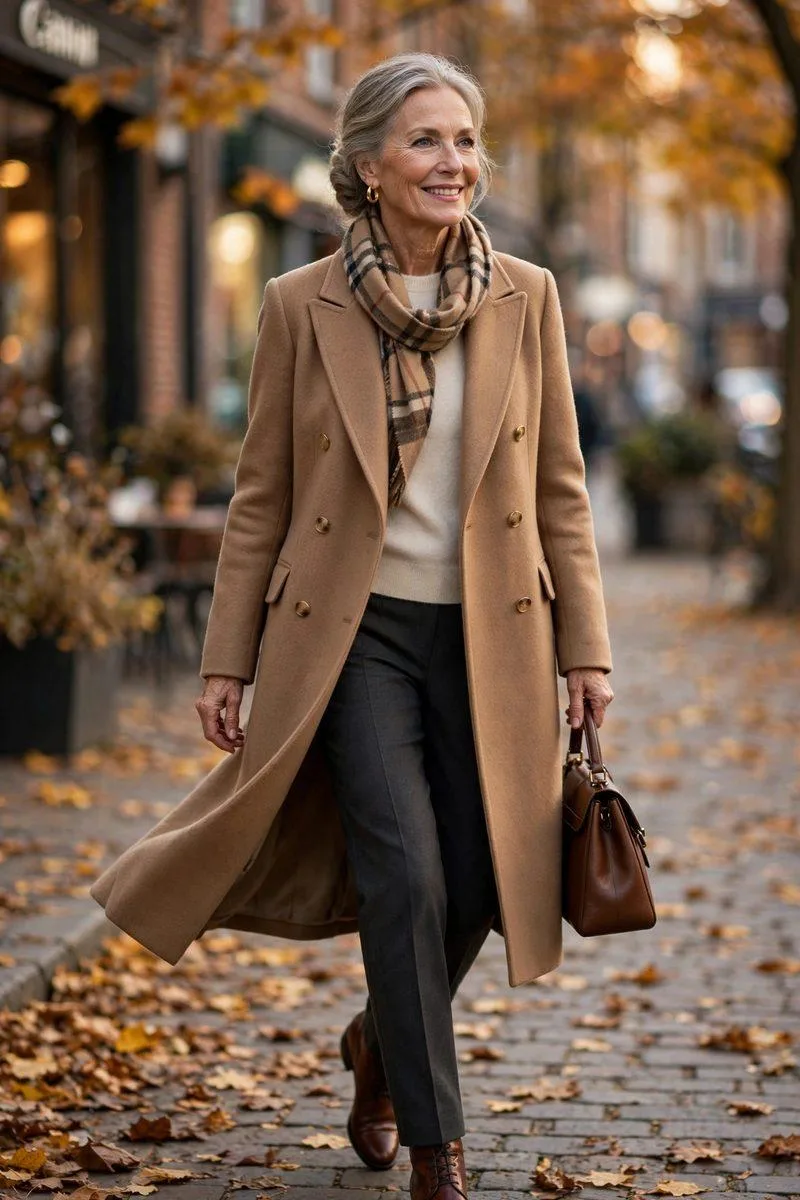 Woman in her mid-60s in a double-breasted camel coat, cream merino sweater, charcoal trousers and brown ankle boots