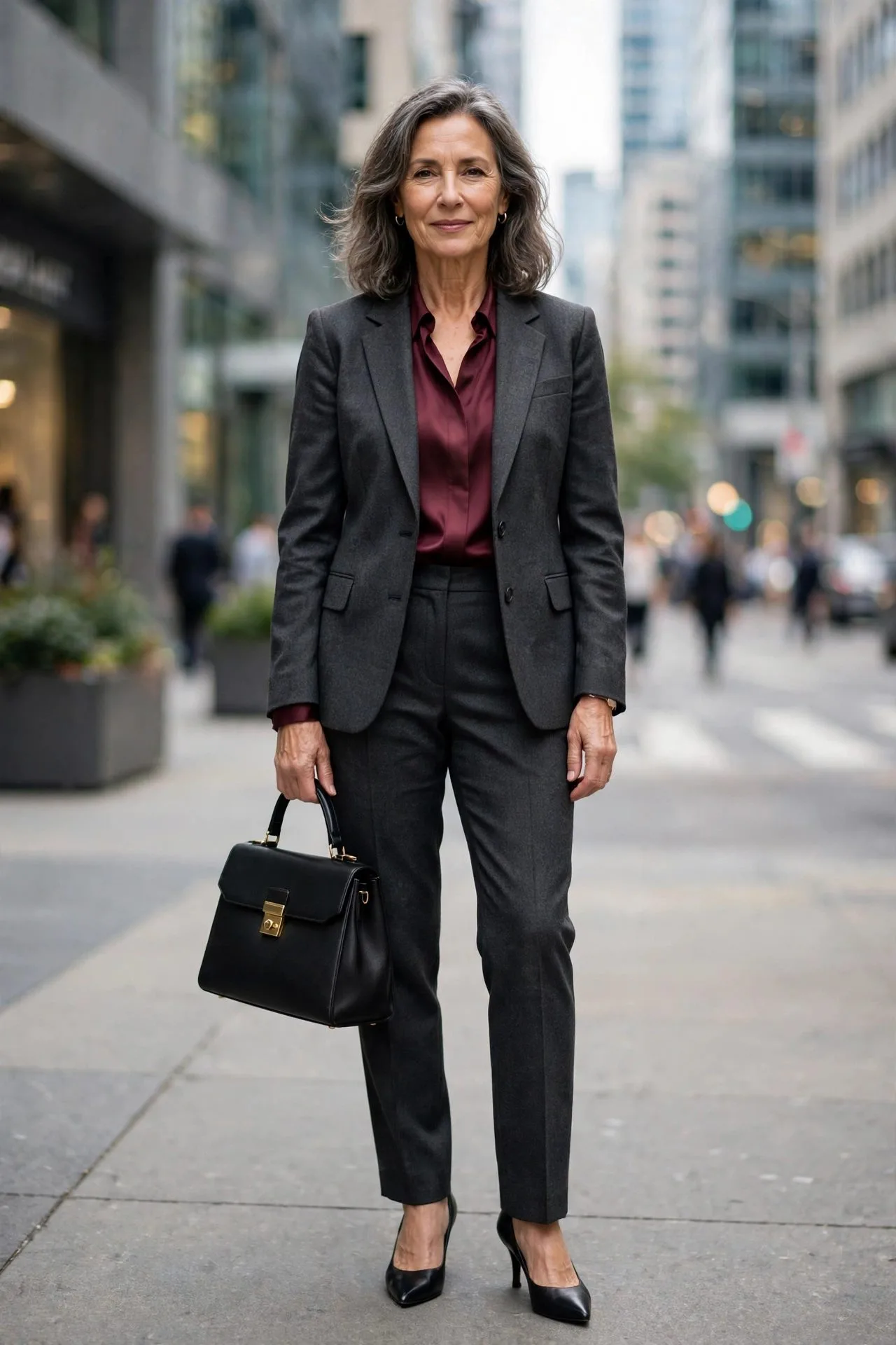 Woman over 50 in camel blazer with burgundy trousers at a presentation