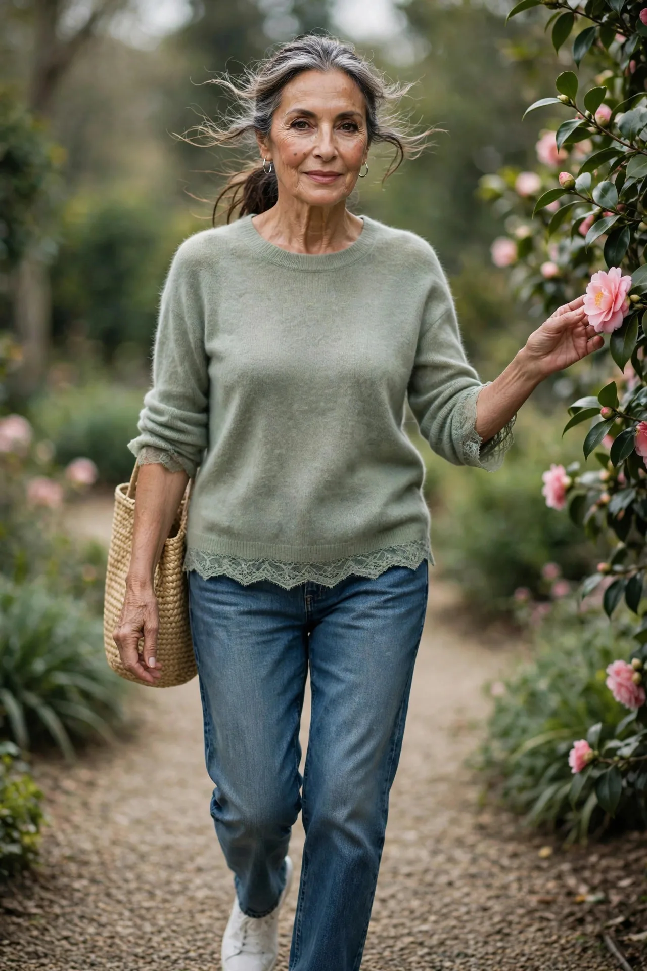 Garden Walk Jeans — Relaxed straight-leg medium-wash jeans with a soft sage-green cashmere-blend sweater, sleeves gently pushed up.