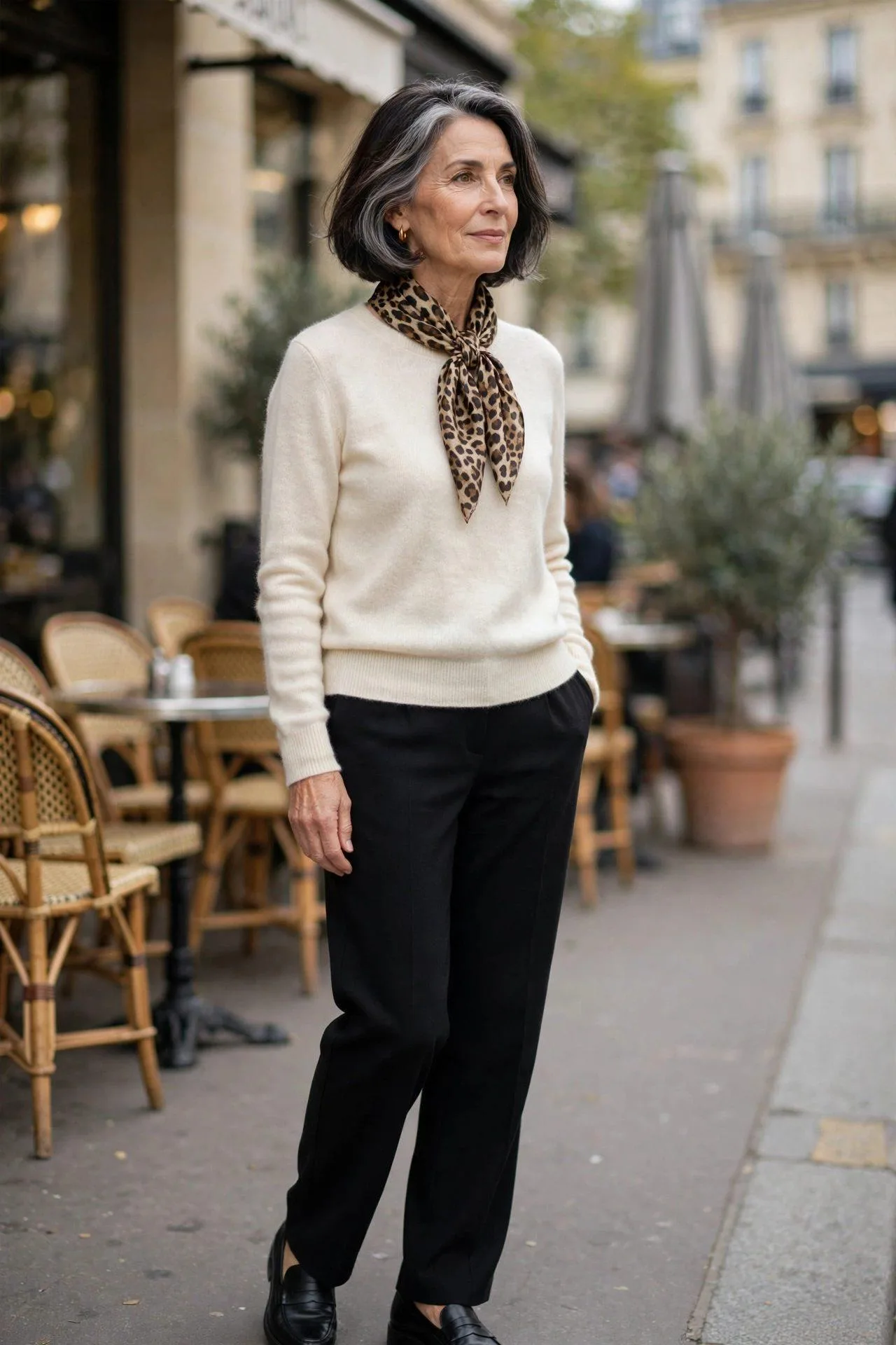 Chic mature woman accenting neutrals with leopard print scarf