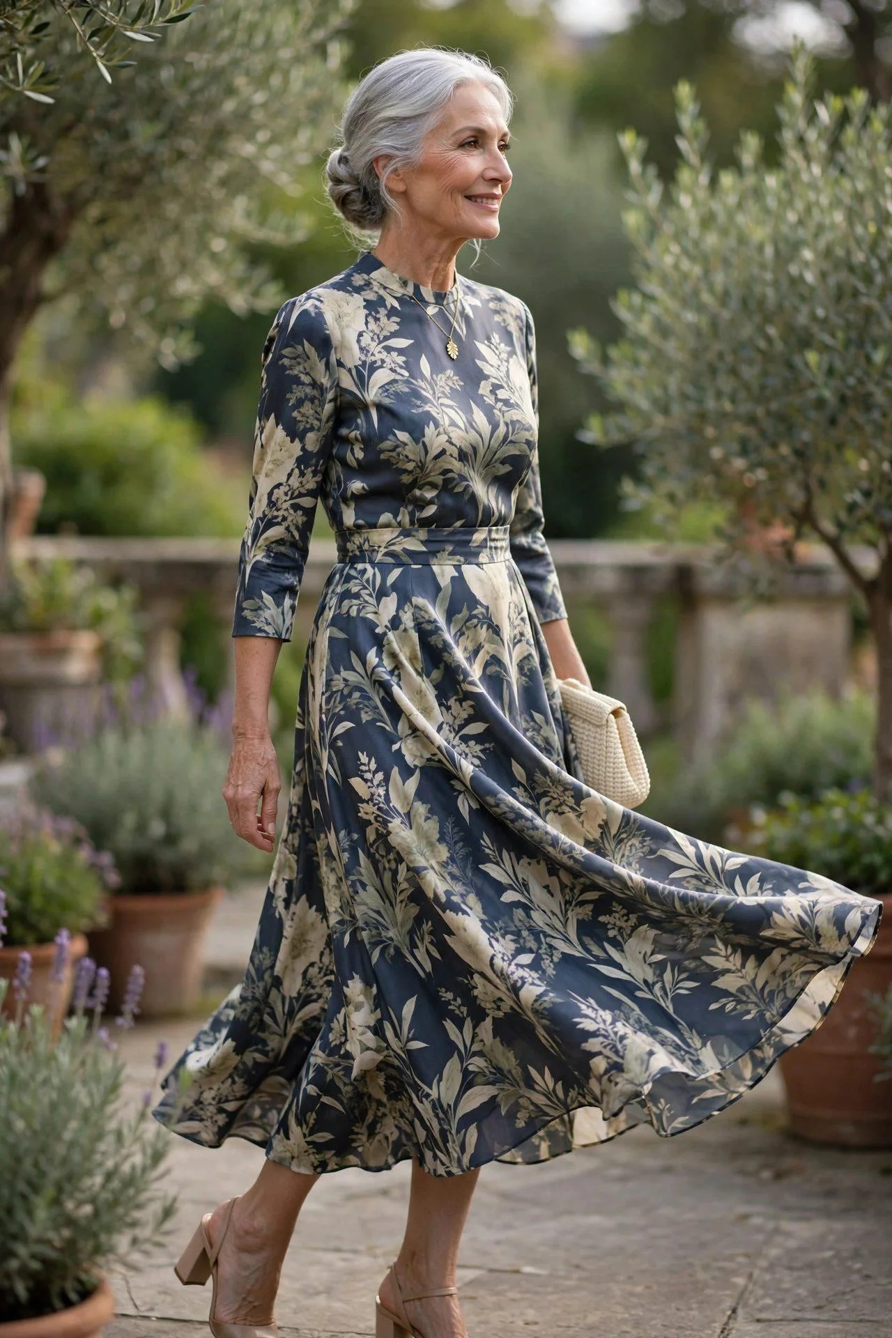 Lovely senior woman dressed in navy floral midi dress with muted tones