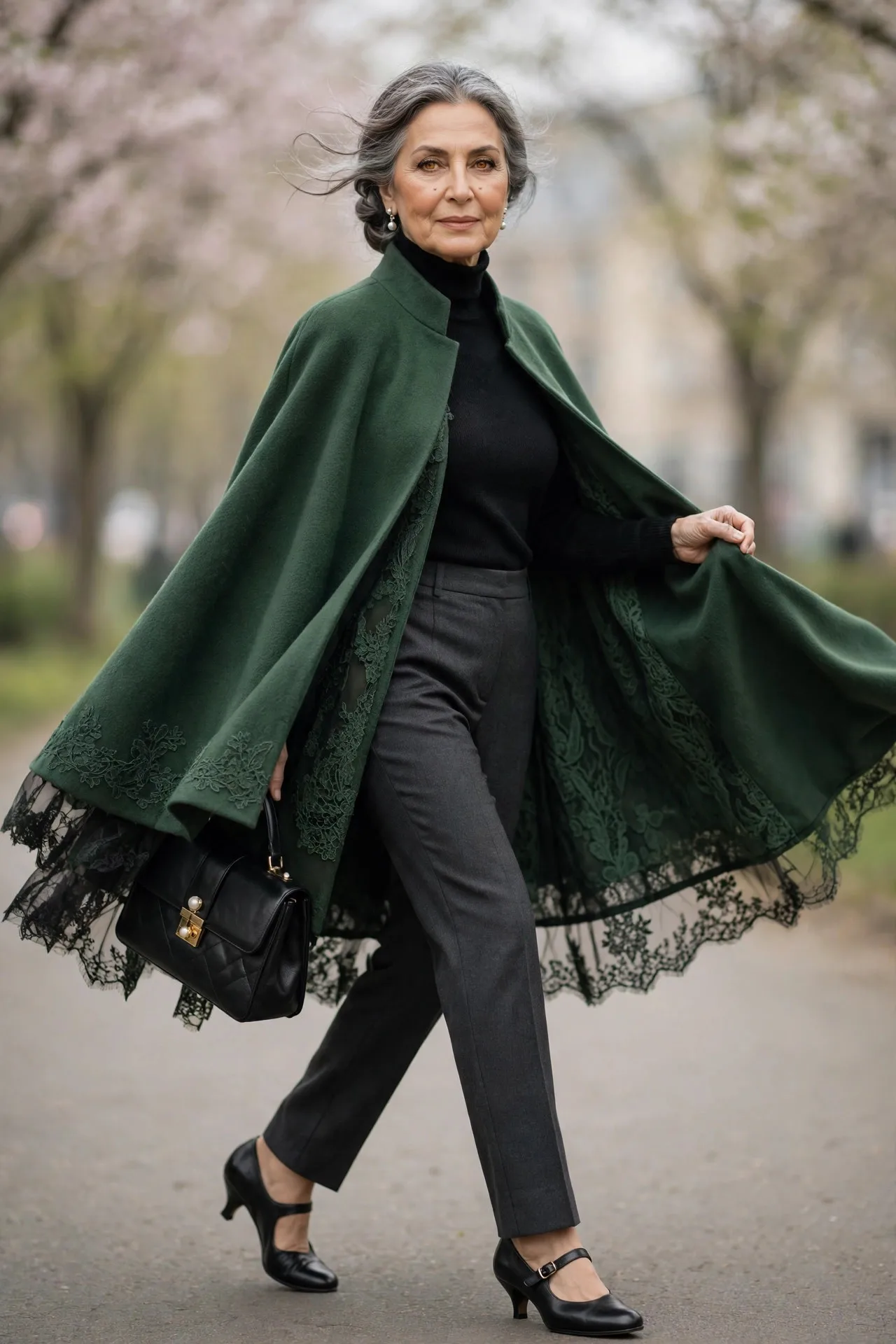 Sweeping Cape Moment — A forest-green wool cape with a stand collar, worn over a black turtleneck and slim charcoal trousers, with kitten-heel Mary Janes.