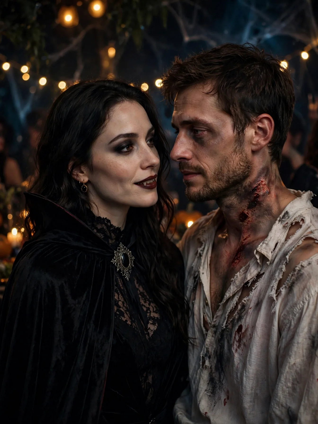 A vampire and victim couple in black capes with fangs and fake blood.