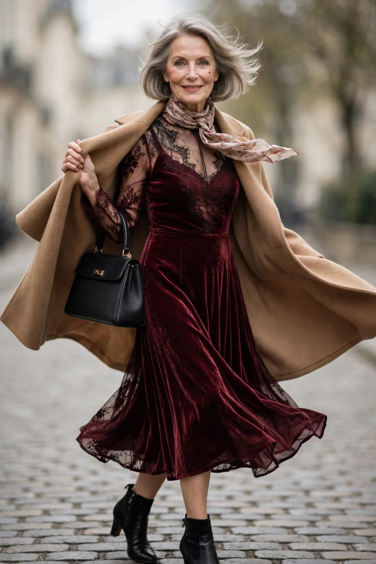 Confident mature woman in a chic coat arriving joyfully at a friend's gathering.