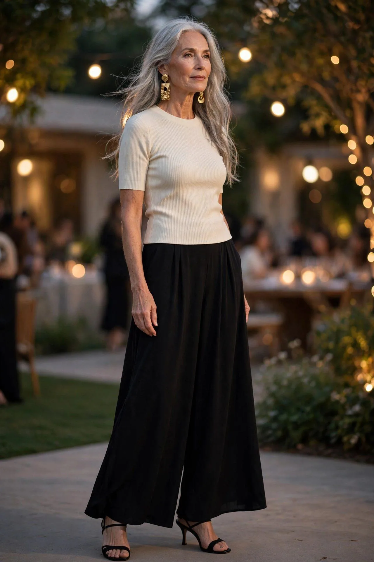 Senior woman in dramatic black palazzo trousers with fitted cream knit top