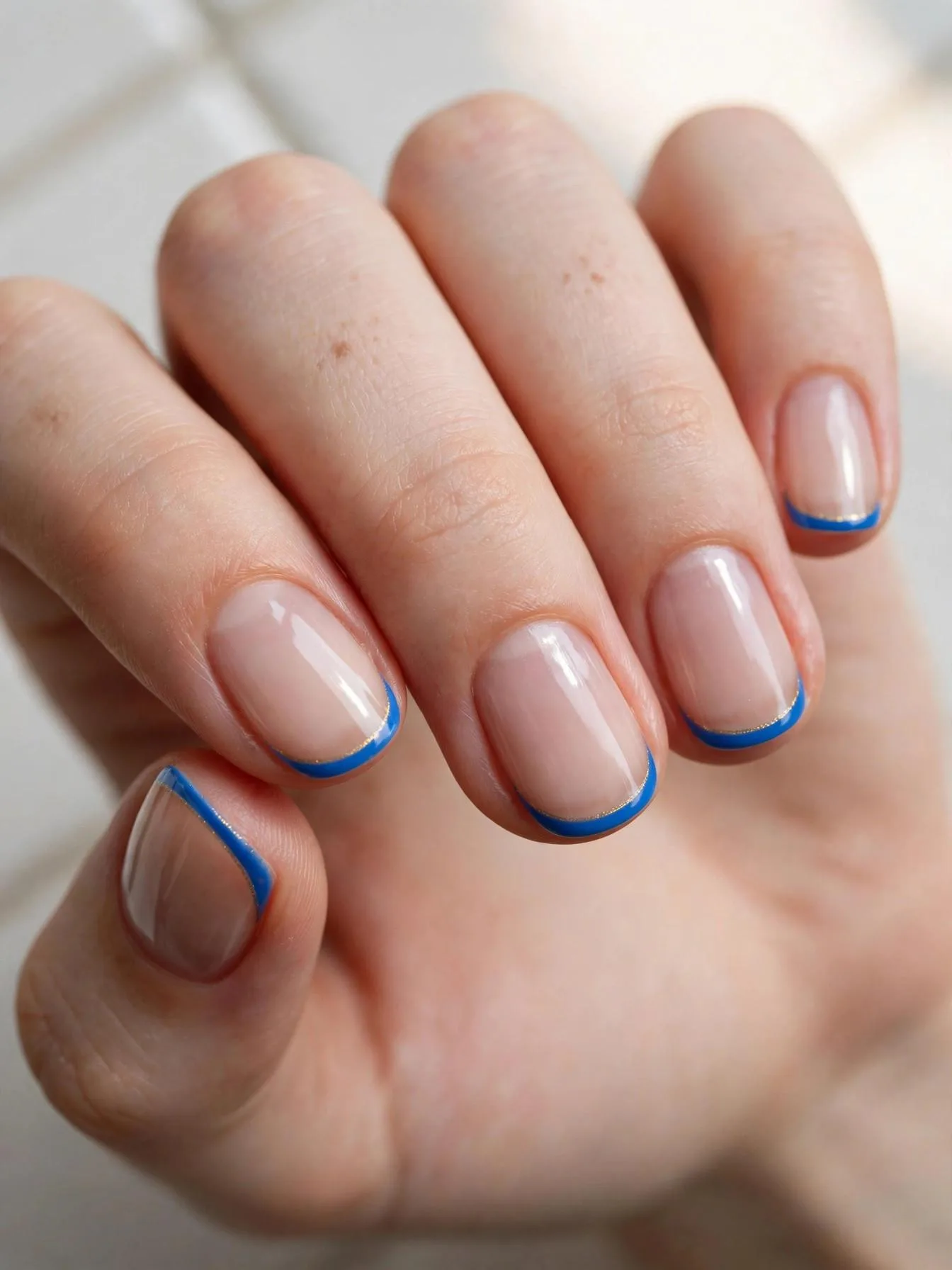 Short natural nails with ultra-thin electric blue micro French tips, gold whisper.