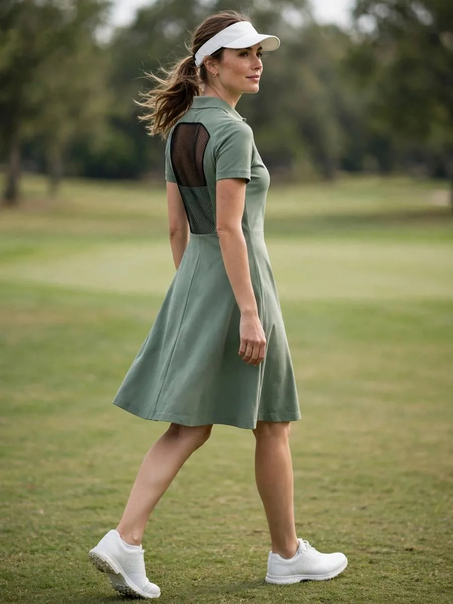 Sage green polo dress with mesh back panel on the course.