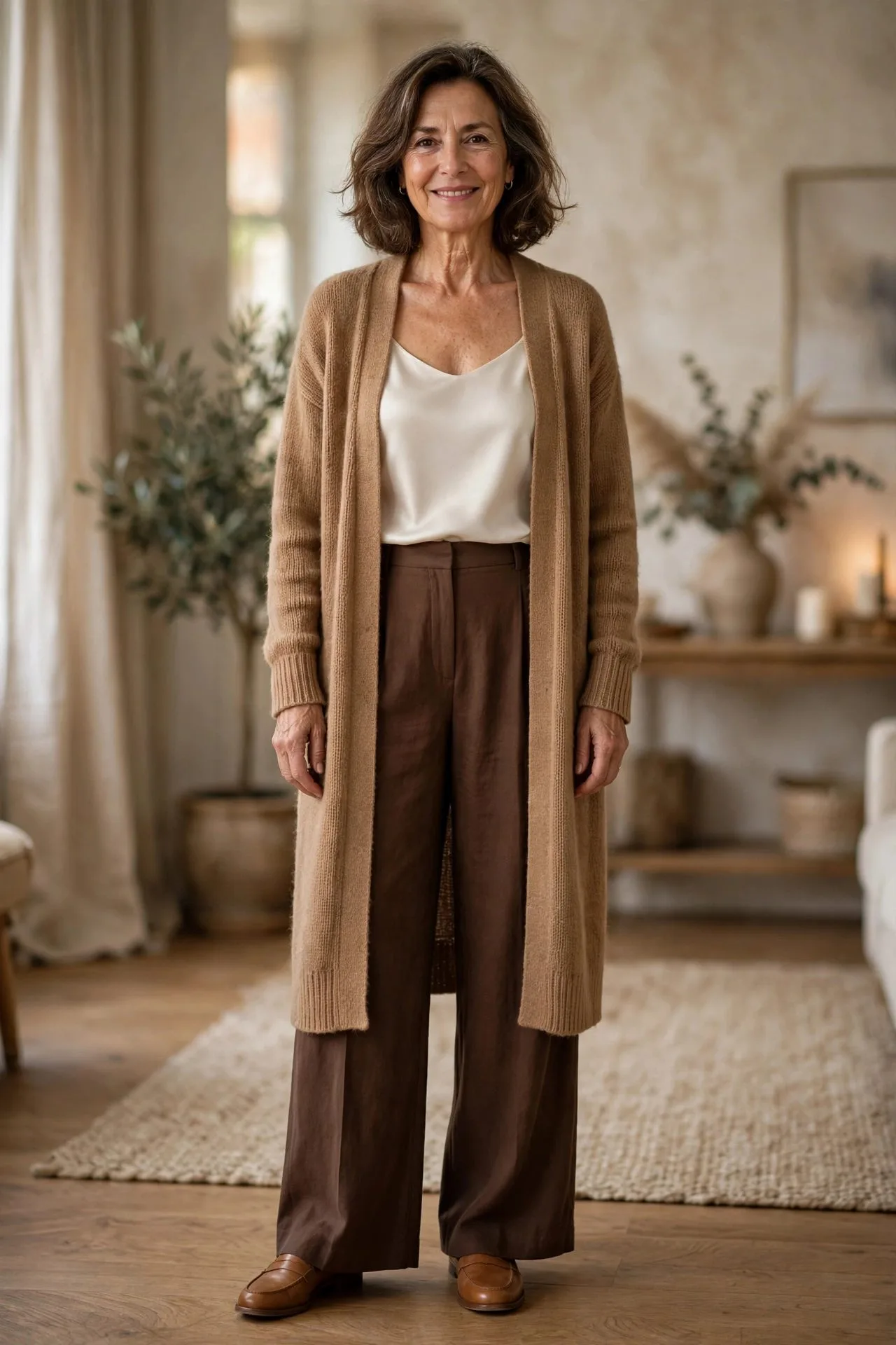 Woman over 50 in camel cardigan with chocolate brown trousers