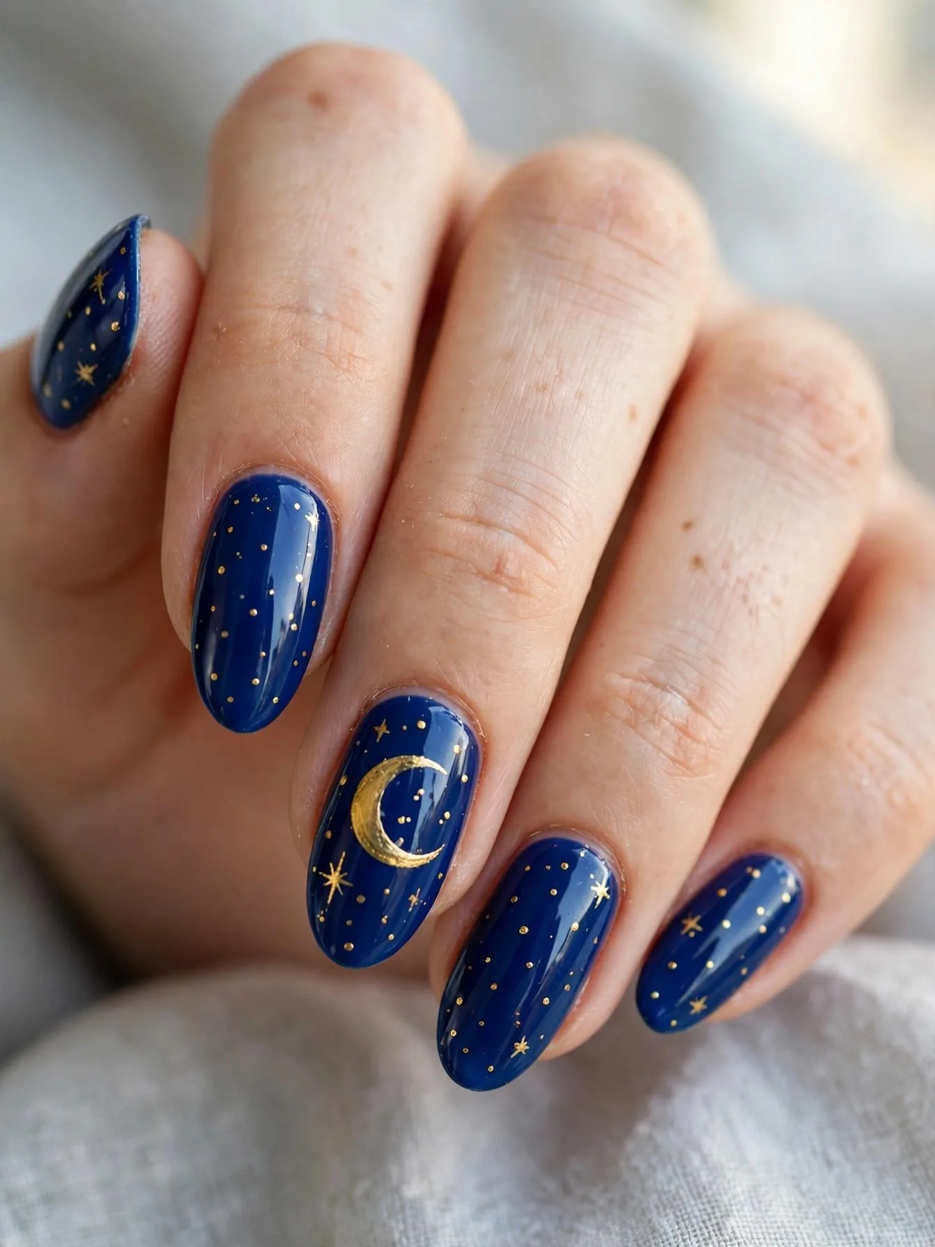Medium almond nails in cobalt gloss with gold crescent moon and star dots.