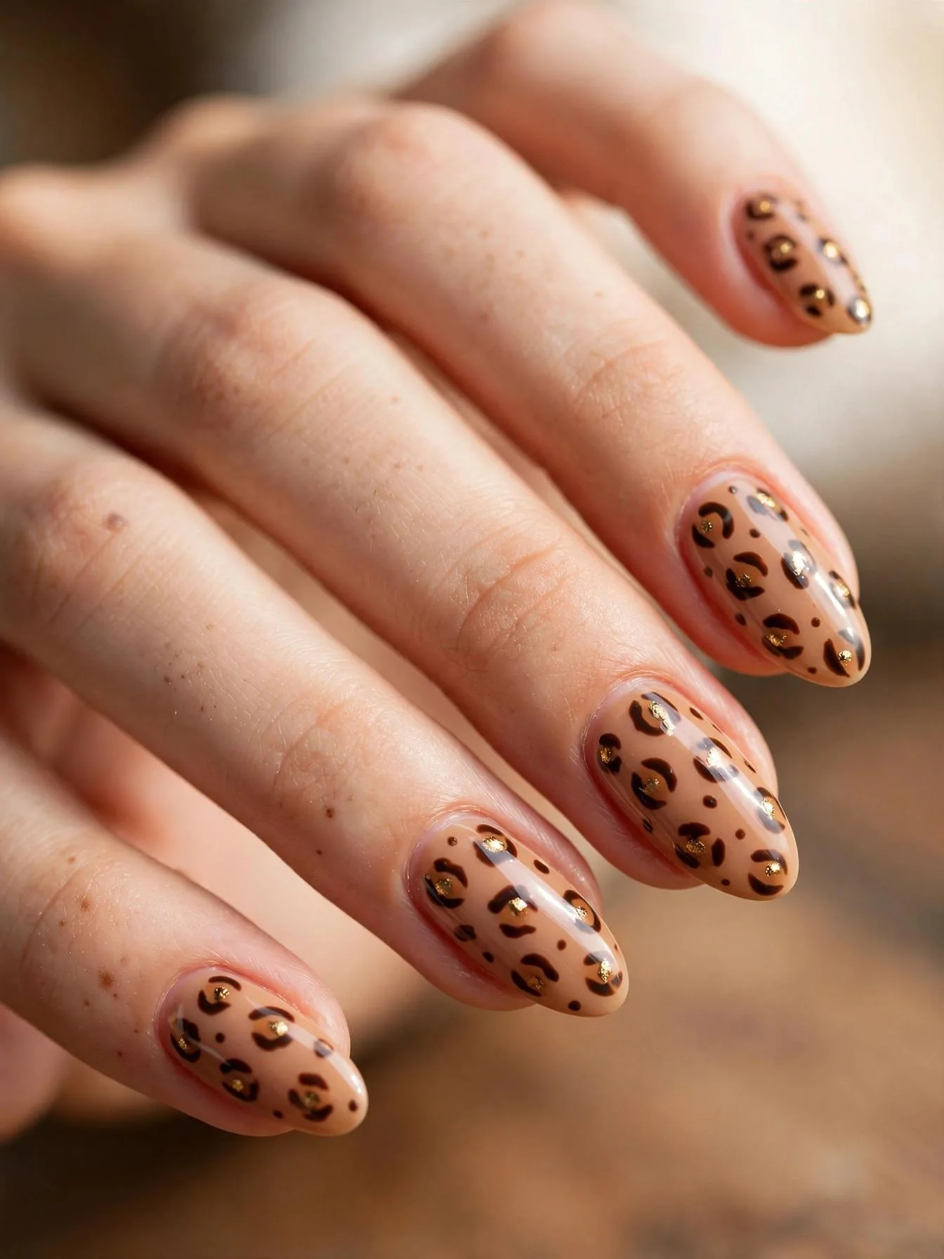Caramel nude nails with brown leopard spots and gold centers.