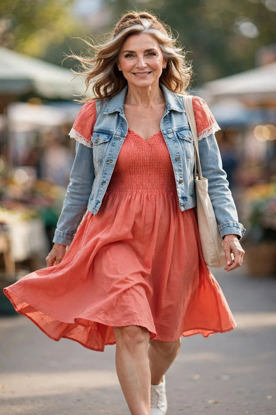 Woman over fifty in coral sundress with denim jacket exploring town
