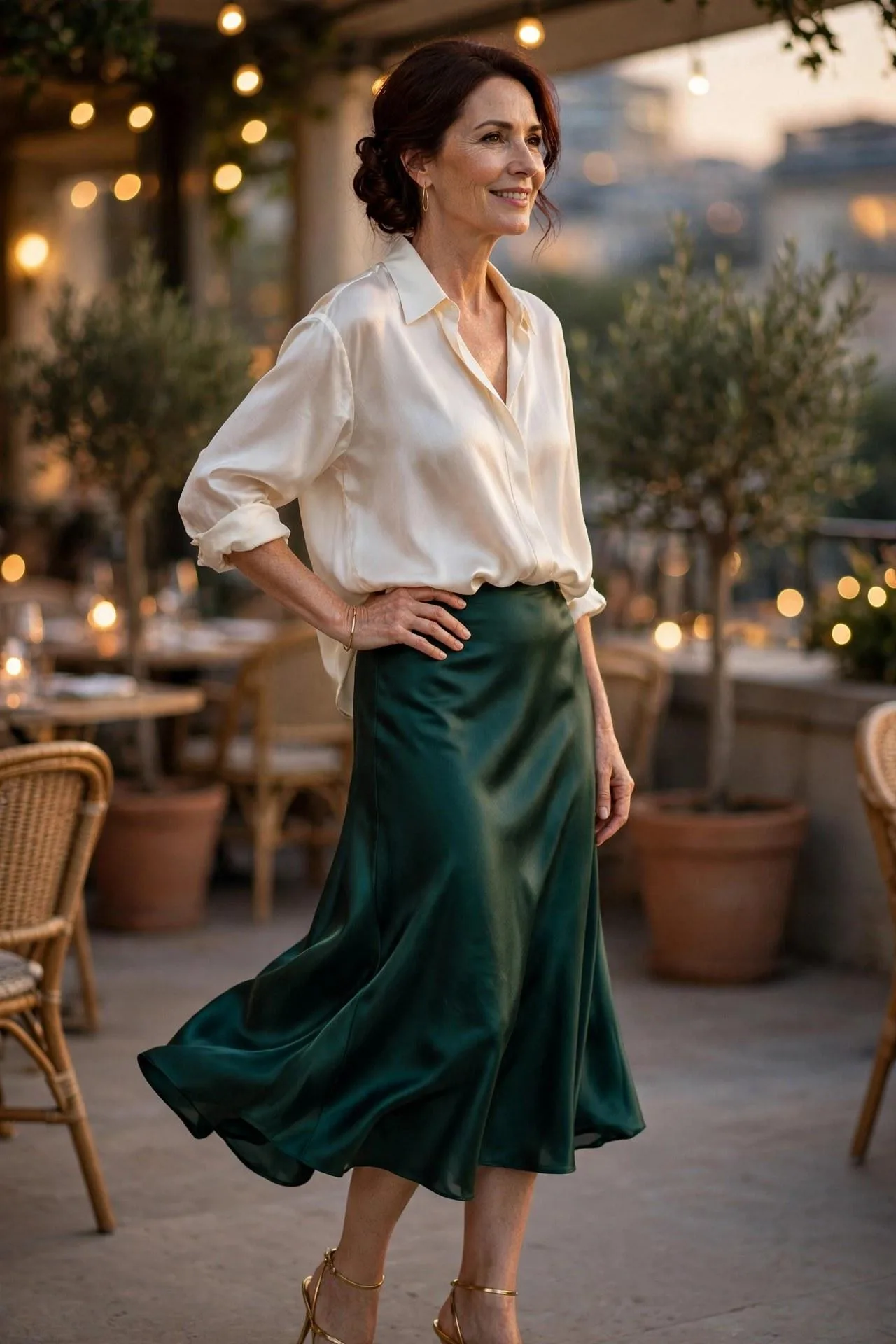 Glamorous mature woman in a jewel-green satin skirt and ivory blouse with gold sandals at dusk — showstopping chic outfits for fashion over 50.