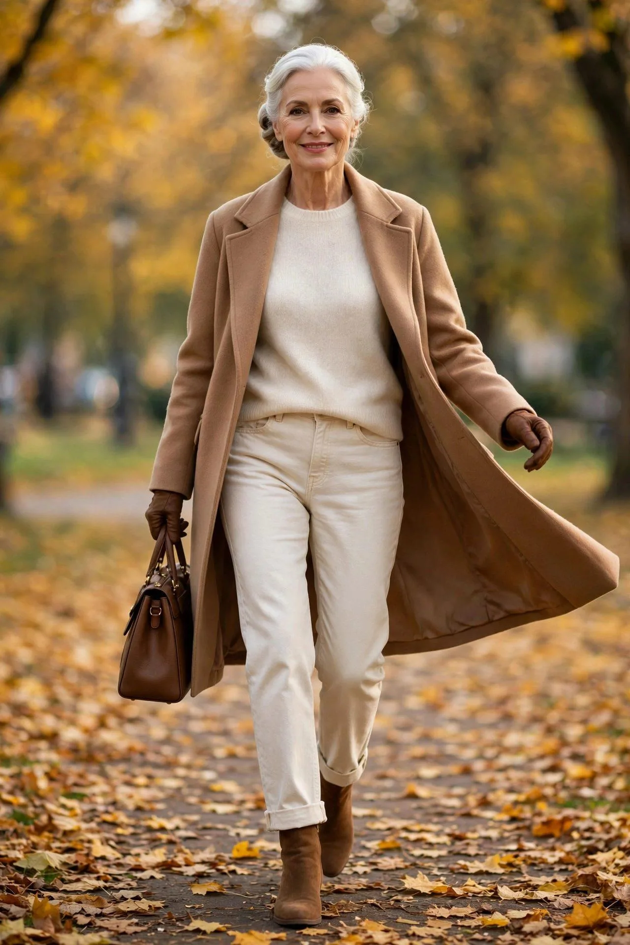 Serene senior woman in warm ecru jeans layered under classic camel coat in autumn park