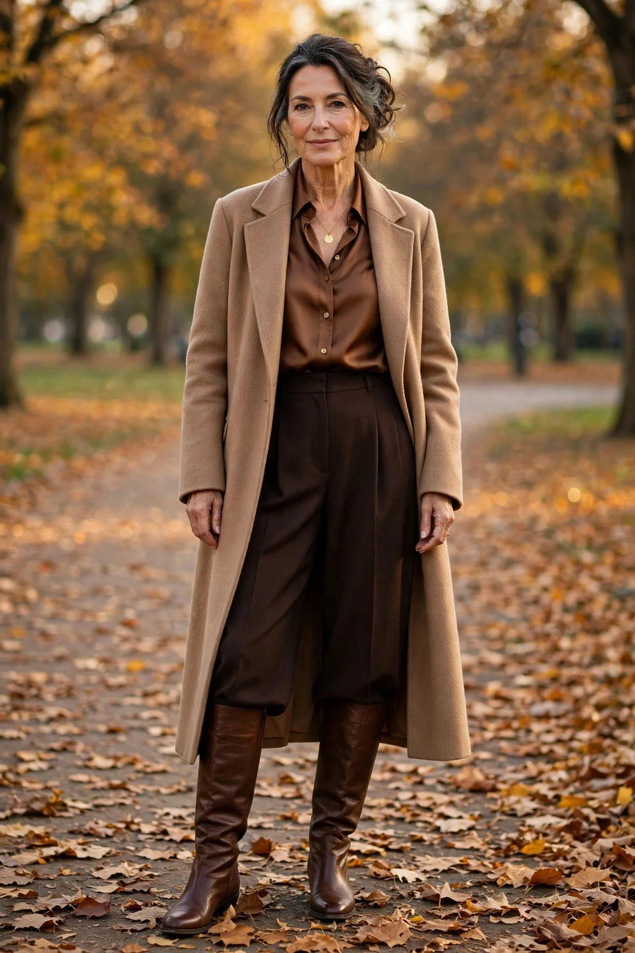 Woman in fifties dressed in tonal brown outfit with long camel coat