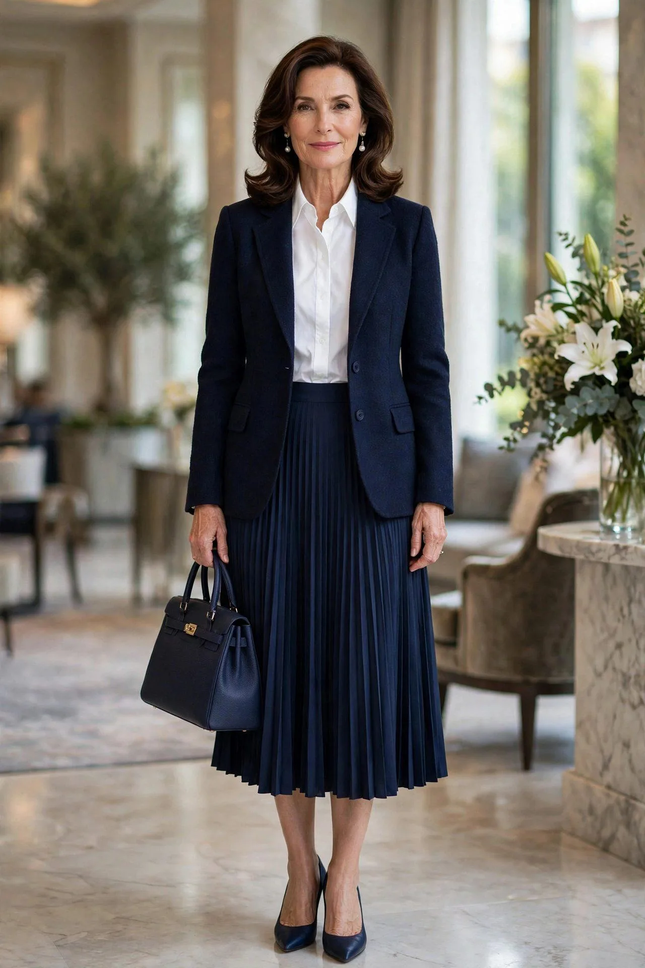 Refined woman in navy pleated midi suit with white blouse.