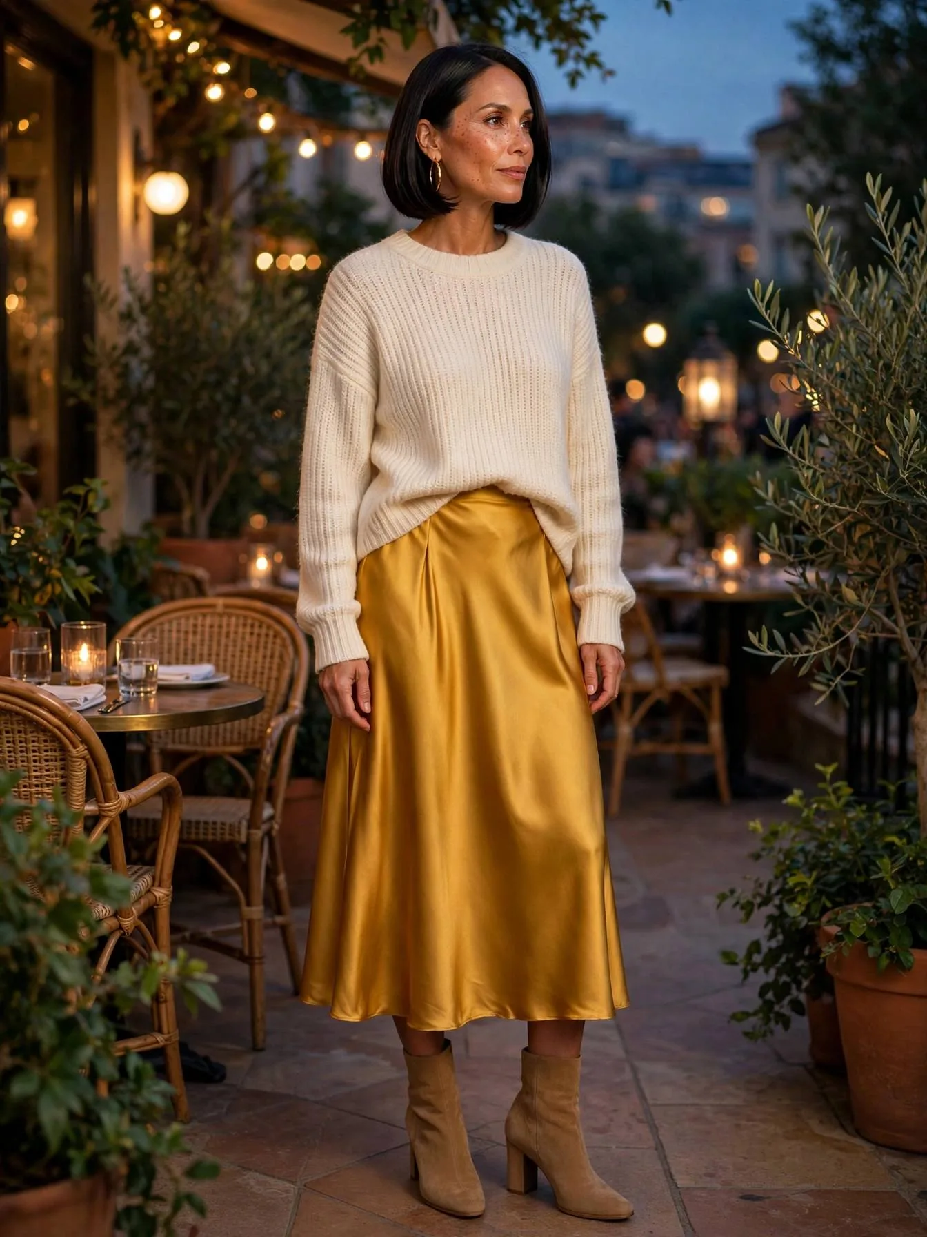 Woman wearing a marigold satin skirt with a cream knit sweater.