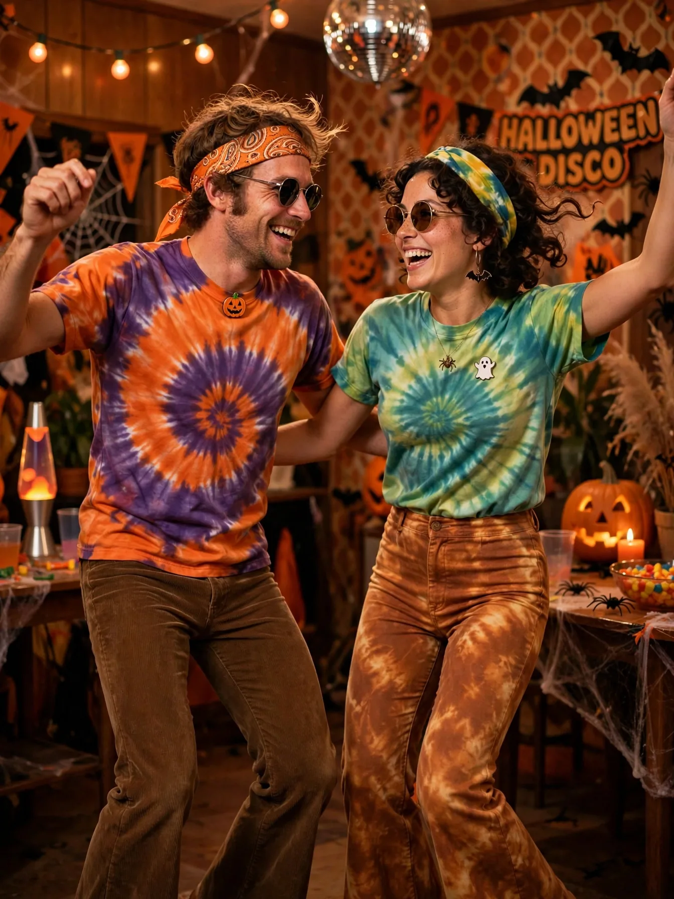 A groovy 70s disco couple in tie-dye, bell-bottoms, and round sunglasses.