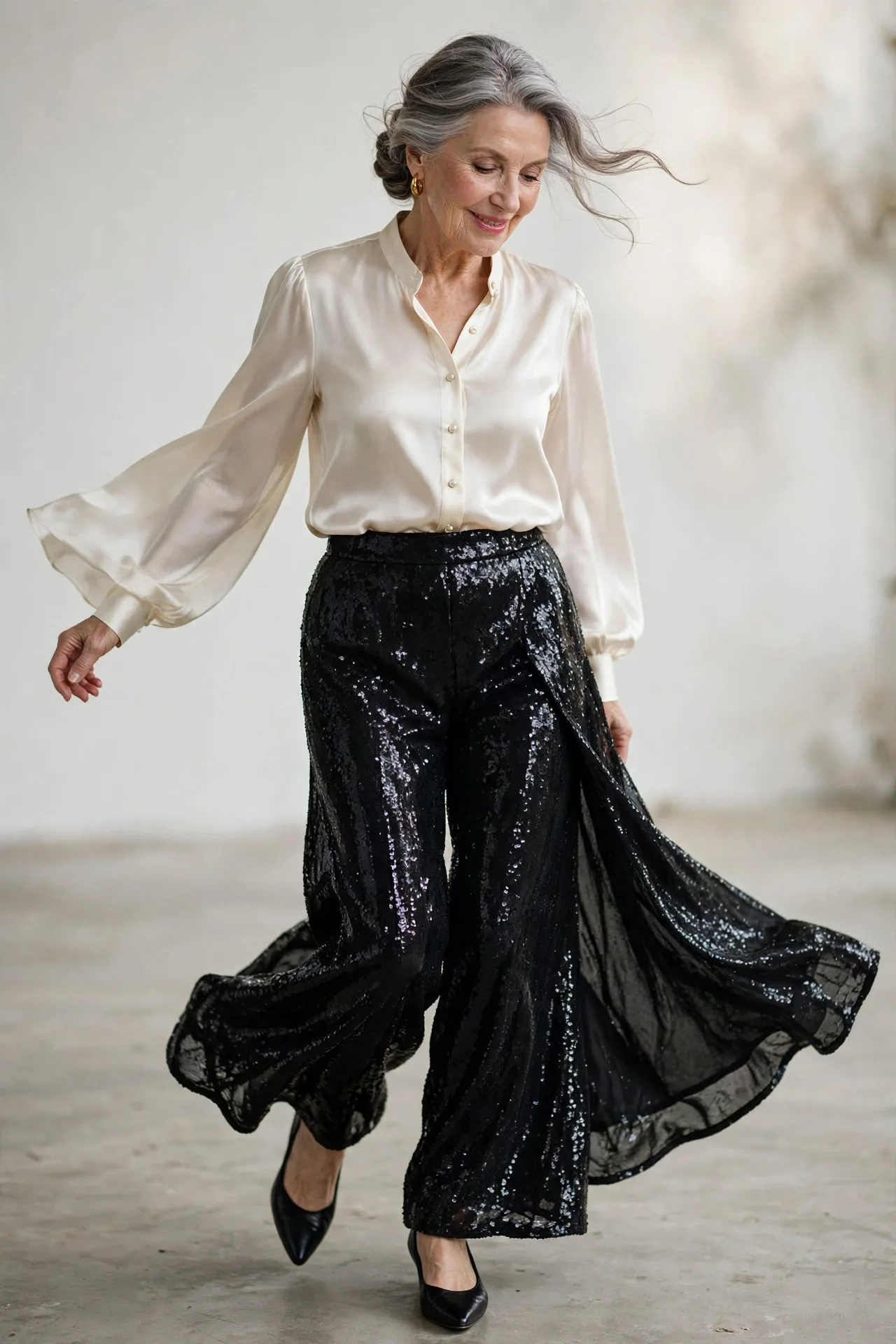 Ivory Satin Chic — An ivory satin button-front blouse tucked into black sequin palazzo trousers, worn with black pointed-toe flats and gold hoop earrings.