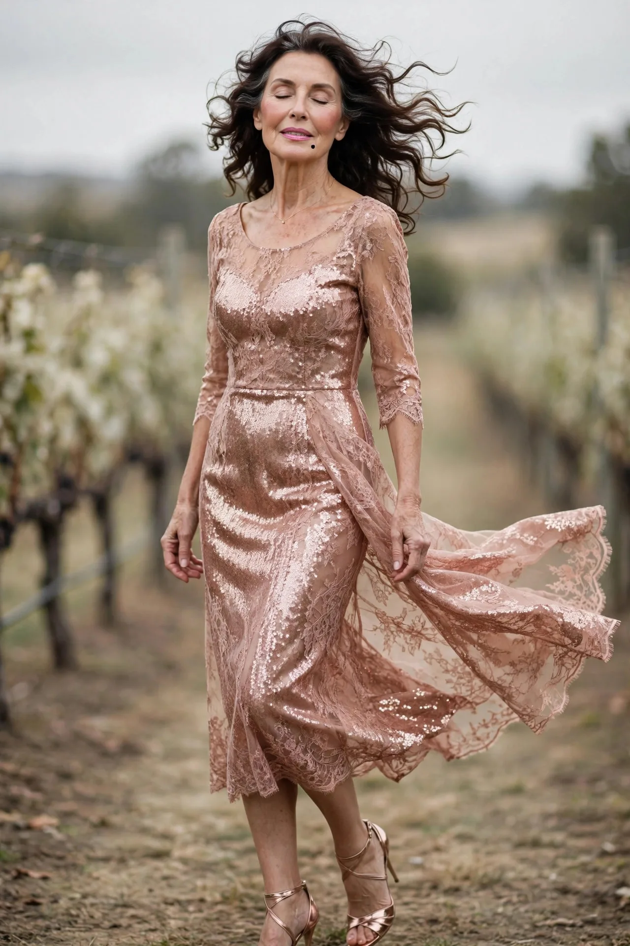 Rose Gold Radiance — A rose-gold sequin fitted pencil midi dress with three-quarter sleeves and a scoop neckline, worn with rose-gold metallic strappy heels.