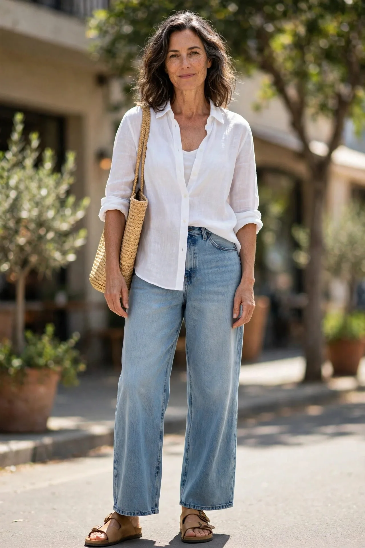 Woman over 50 in linen shirt with dark wide-leg jeans