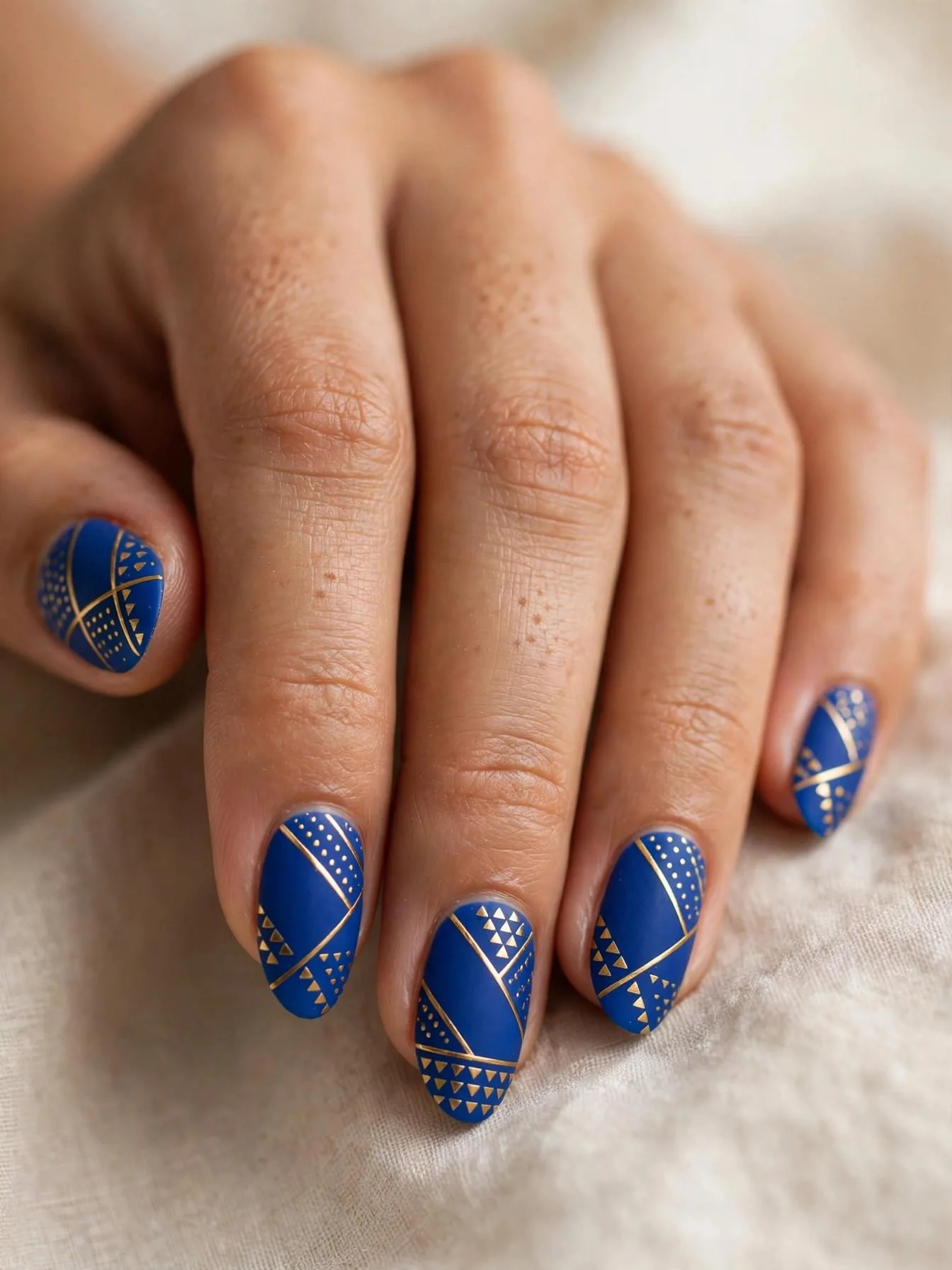 Medium almond nails in matte cobalt blue with thin gold chrome geometric line art.